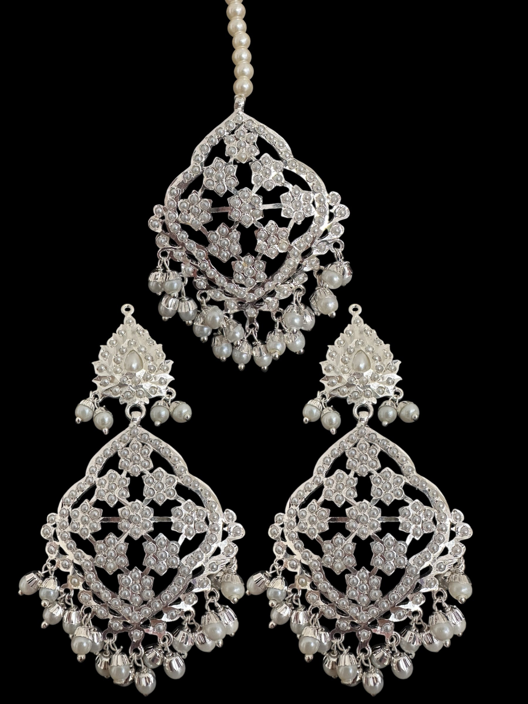 DJET90 Mehru Jadau chandbali earrings tika in pearls - silver plated ( SHIPS IN 3 WEEKS )