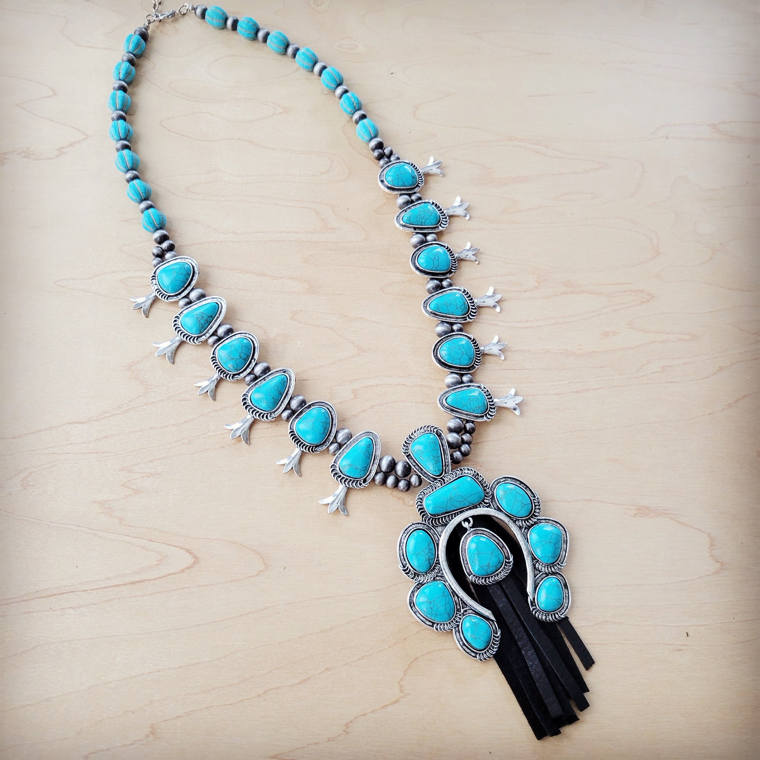 Turquoise Squash Blossom Necklace w/ Short Black Tassel 261y
