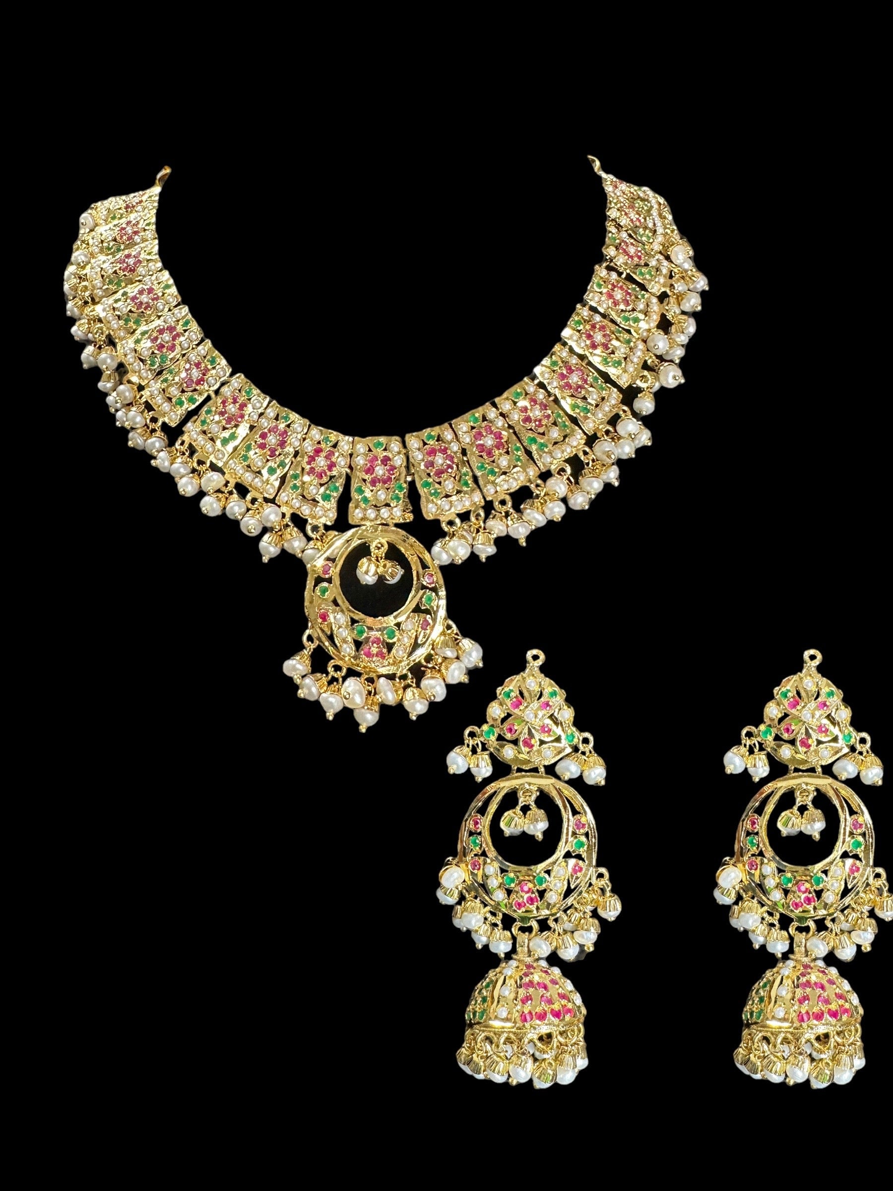 DNS119 jadau necklace in ruby emerald with fresh water pearls   ( SHIPS IN 4 WEEKS )