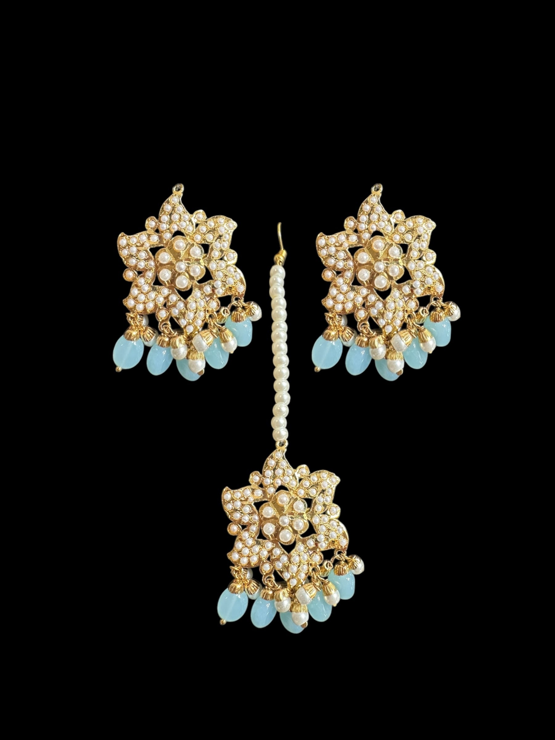 DJET64 Iza Jadau tops and tika set in pearls with mint blue beads ( READY TO SHIP )