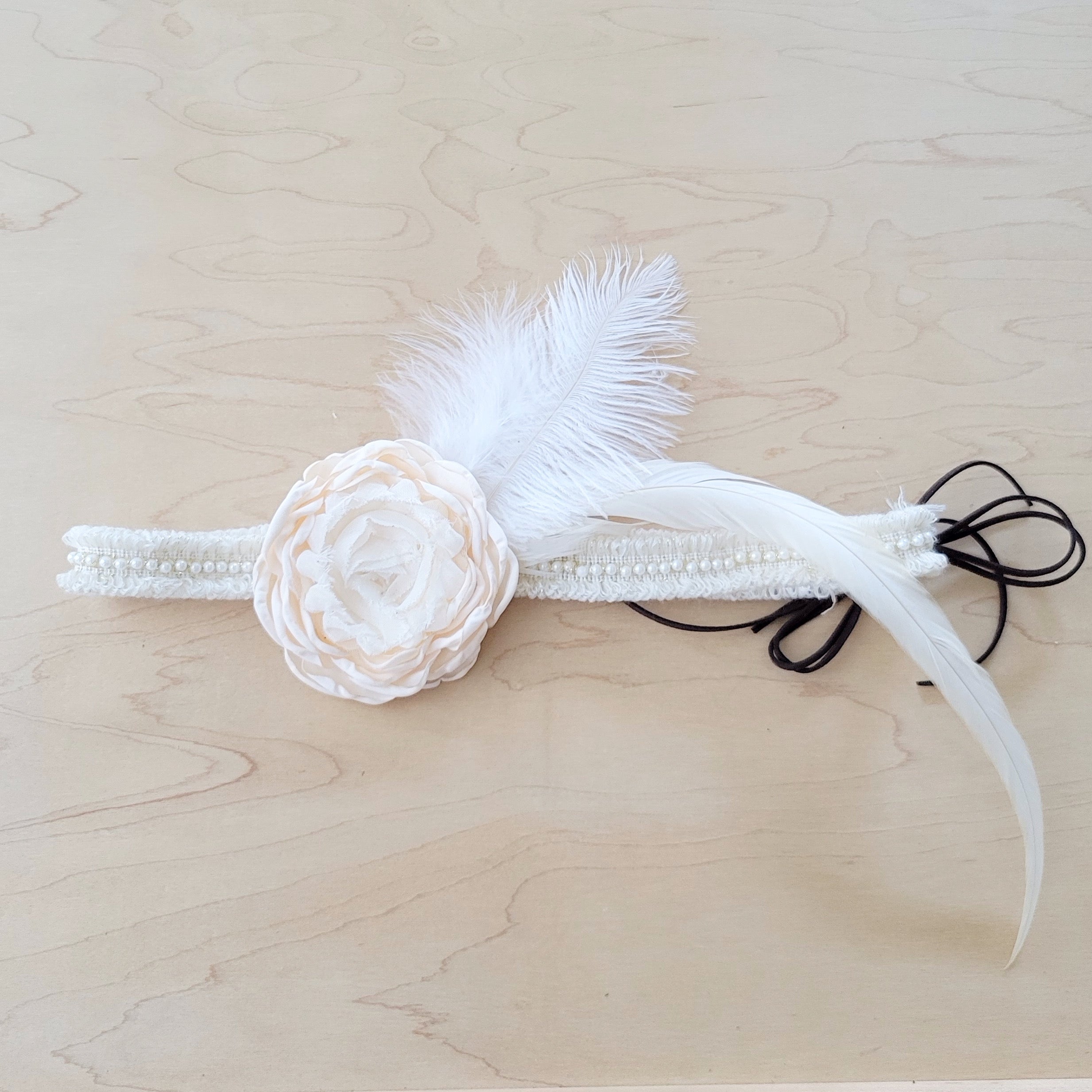 Lace &amp;amp; Pearl Hat Band w/ Silk Flower &amp;amp; Feathers-Ivory (Band Only) 952u