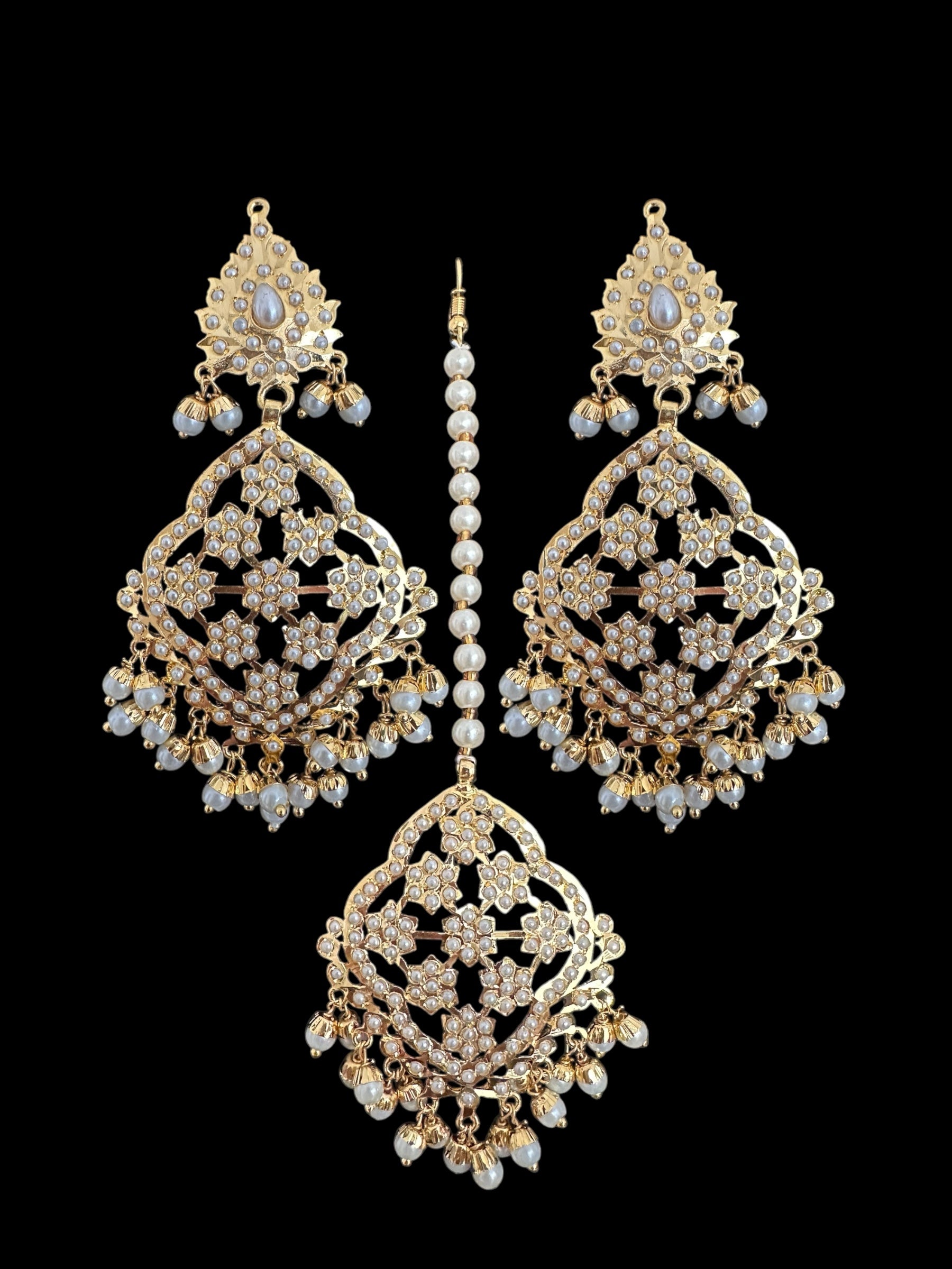 DJET88 Mehru Jadau chandbali earrings tika in pearls ( READY TO SHIP )