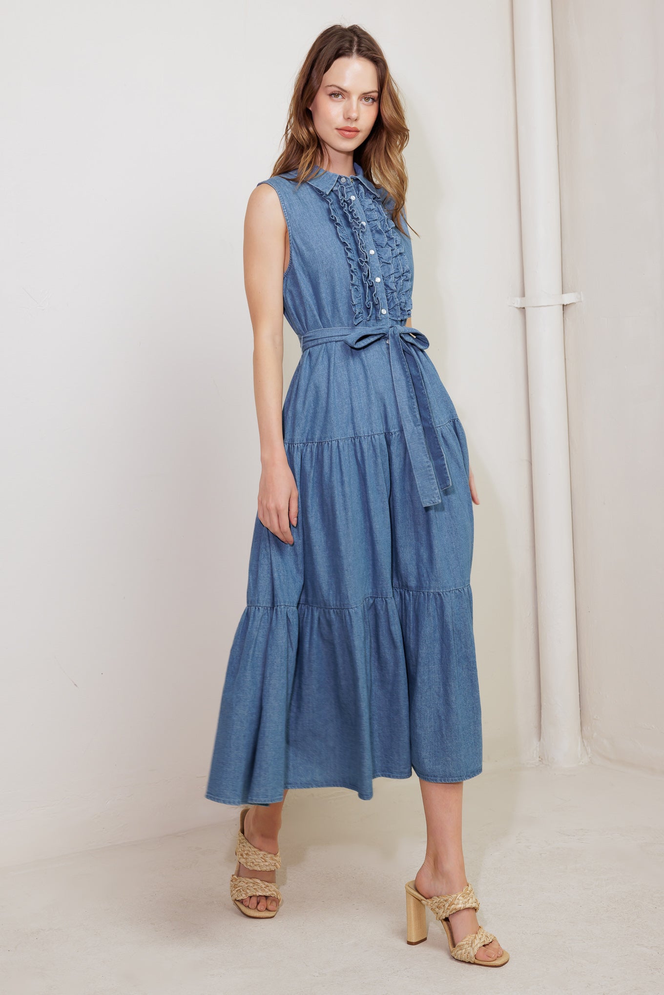 PETALS FALLING SLOWLY DENIM MIDI DRESS