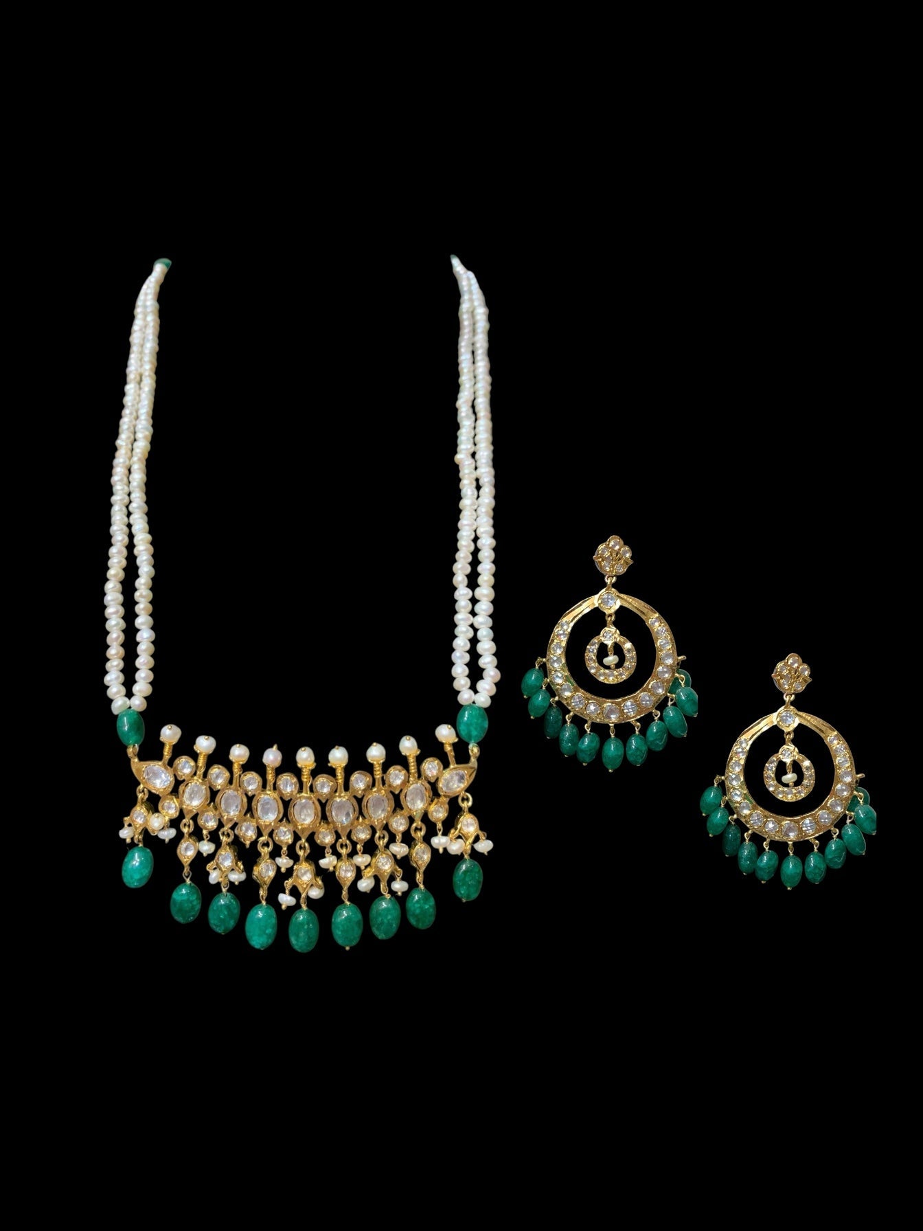 Moissanite Polki Tirmani Necklace Set with Natural Emerald Beads, Freshwater Pearls, and 22K Gold Plating – Includes Earrings ( SHIPS IN 4 WEEKS )