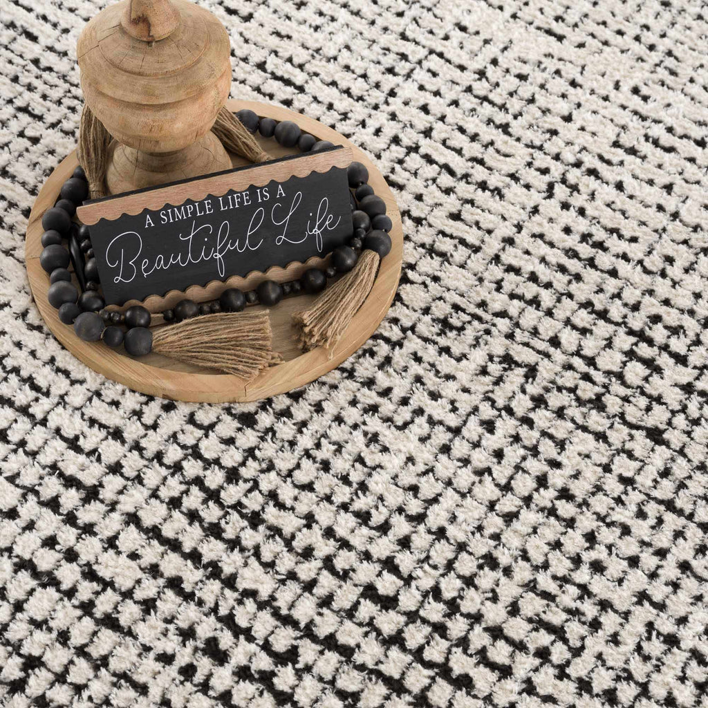 Keita Cream & Black Grid Plush Rug