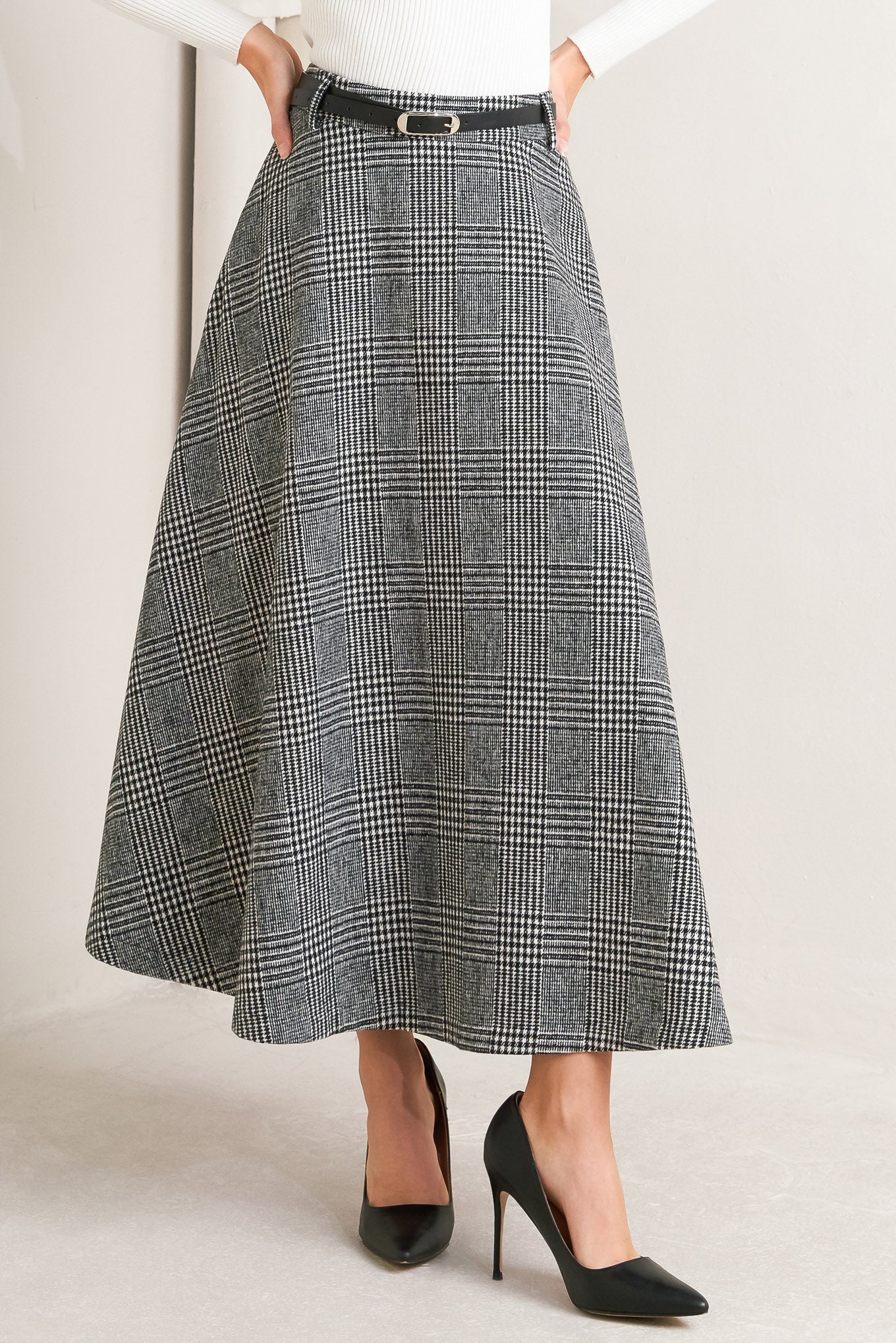 CITY CHECKLINE WOOLEN WOVEN MIDI SKIRT