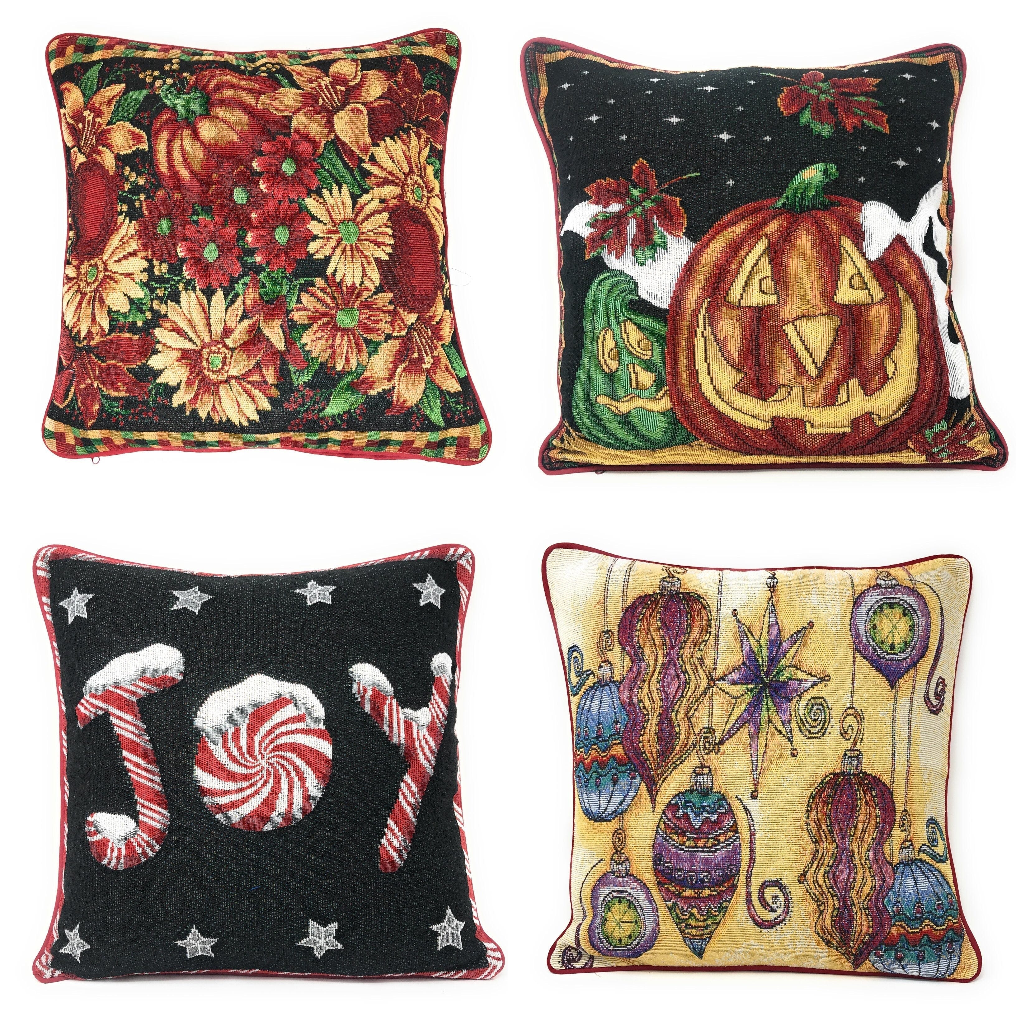DaDa Bedding Set of 4 Pieces - Autumn Harvest Halloween &amp;amp; Christmas Ornaments Holiday Tapestry Throw Pillow Covers Bundle Pack - 16&amp;quot; x 16&amp;quot;