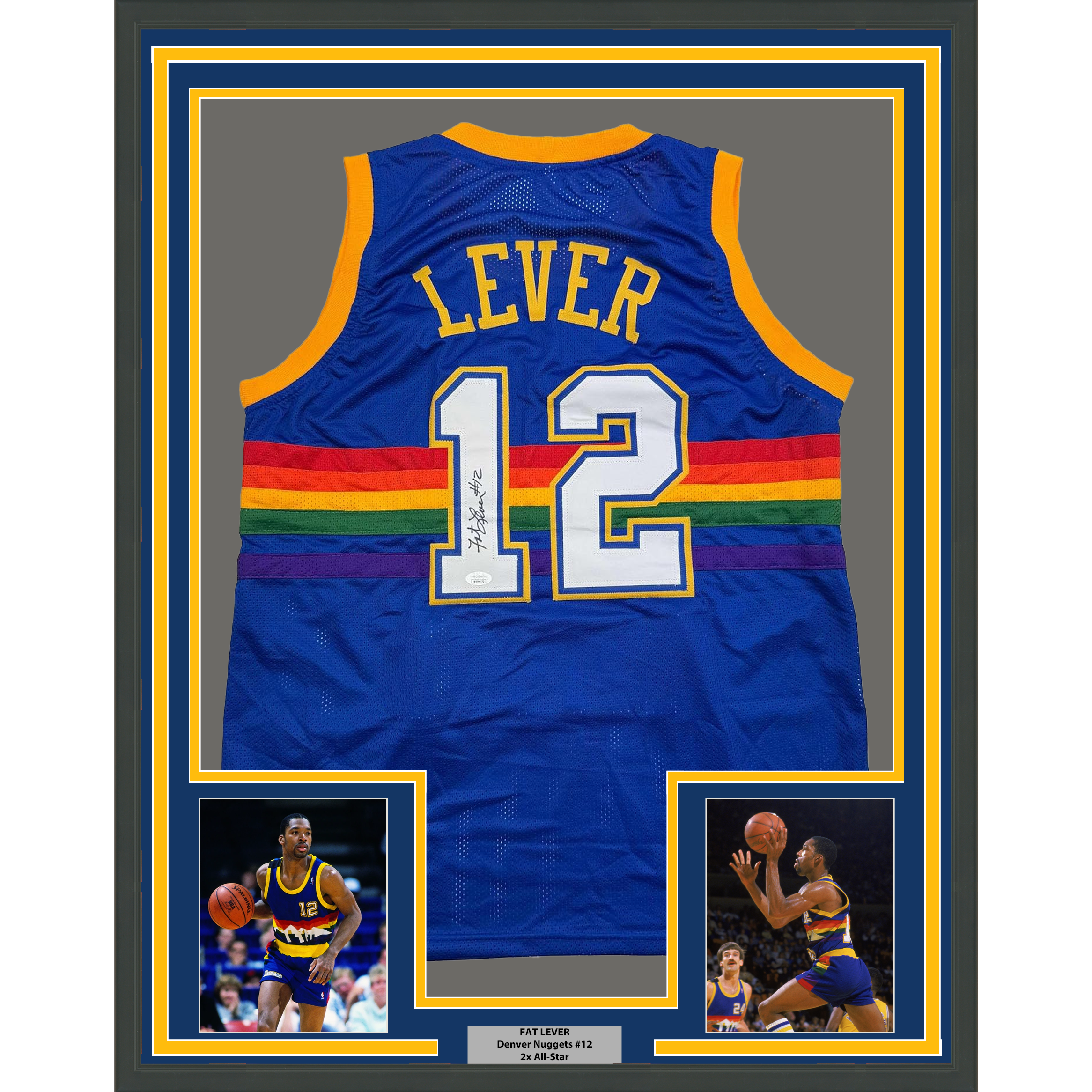 Framed Autographed/Signed Fat Lever 35x39 Denver Blue Retro Rainbow Basketball Jersey JSA COA