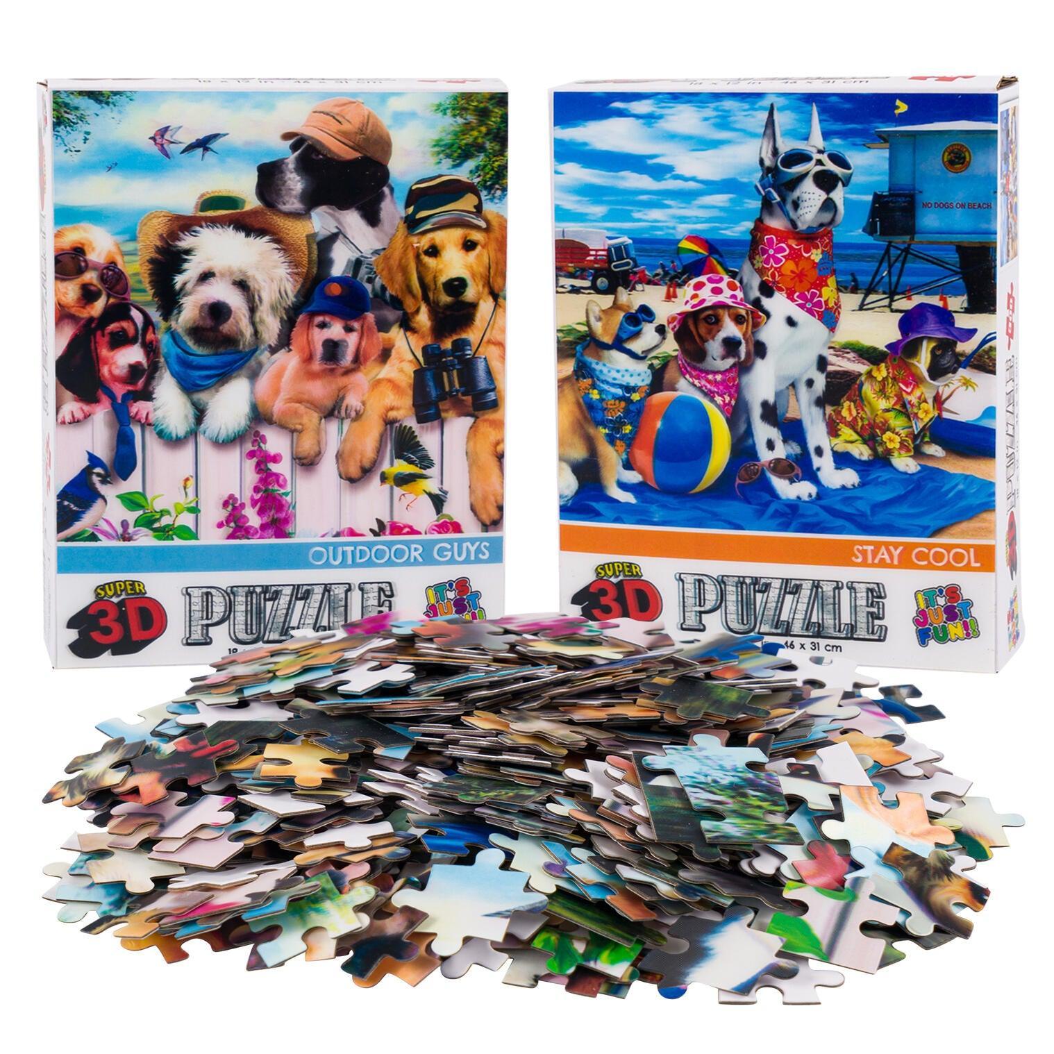 Fence Dogs &amp;amp; Beach Dogs Set of 2 300 Piece Lenticular Jigsaw Puzzles Prime 3D