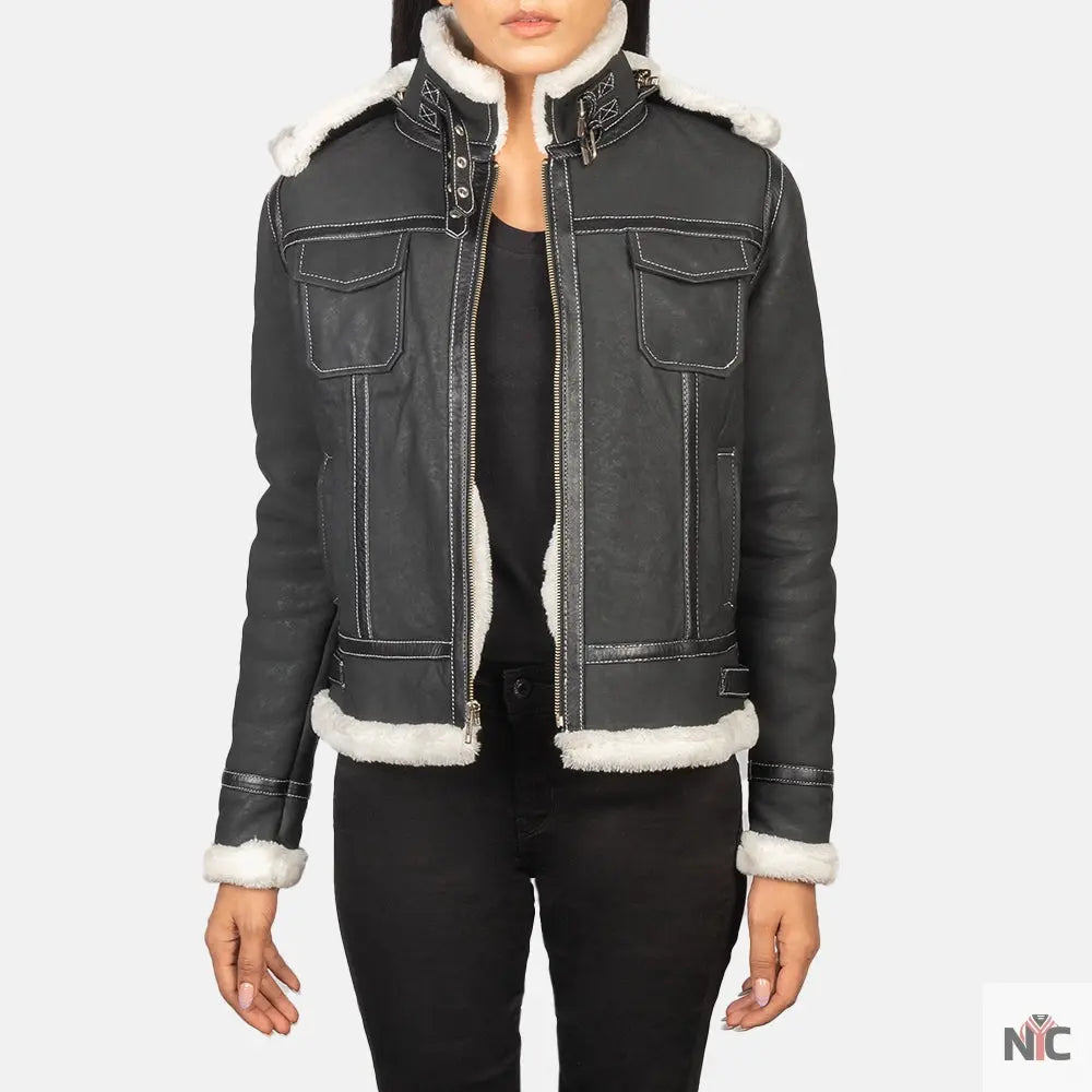 Fiona Black Hooded Shearling Leather Jacket