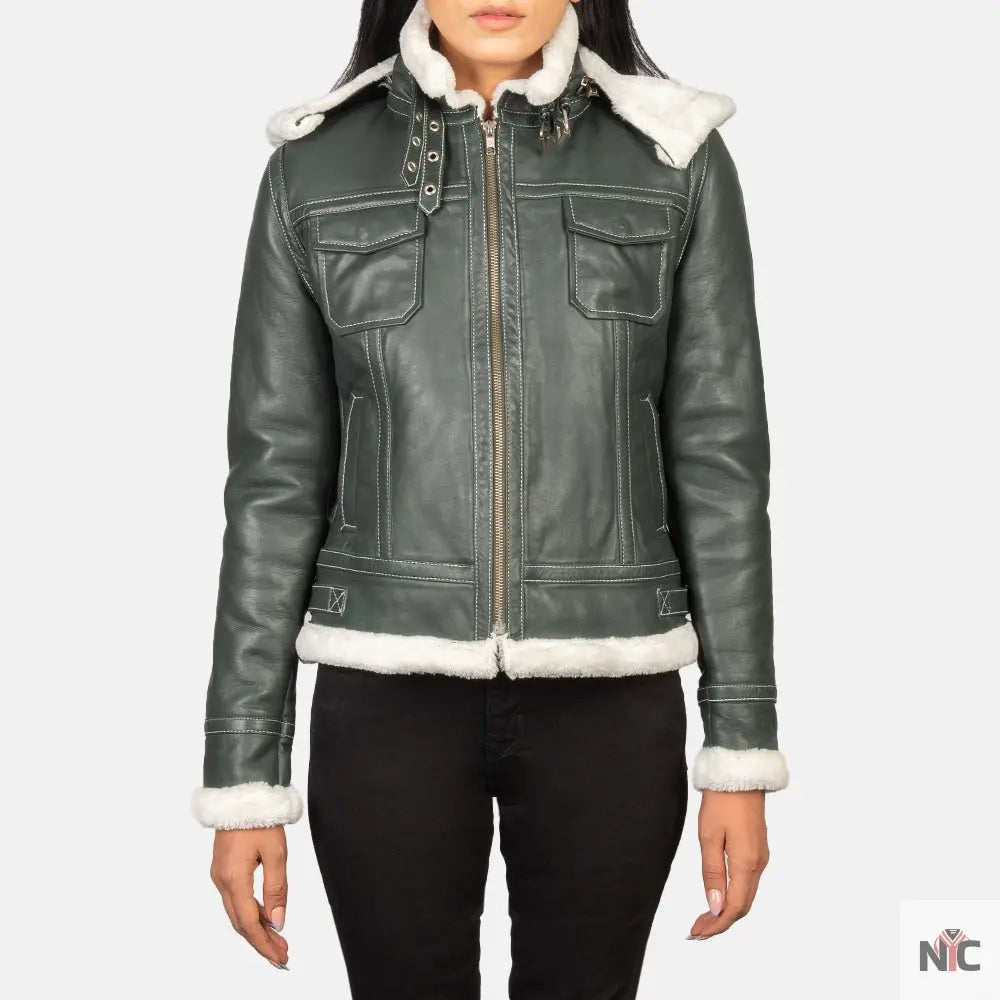 Fiona Green Hooded Shearling Leather Jacket