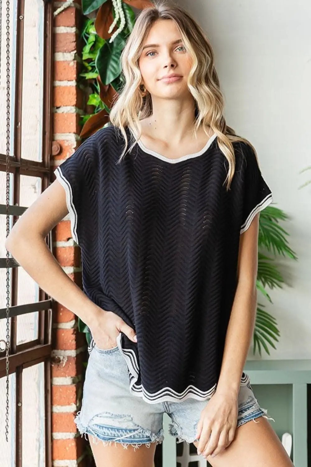Trendsi Crochet Knit Top Women&amp;#39;s Casual Wavy Drop Shoulder USA Shipped