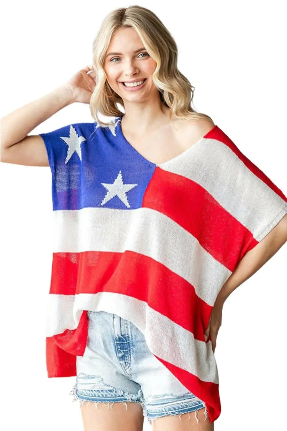 USA Flag Knit Top Women&amp;#39;s Casual Oversized Tee - Soft &amp;amp; Comfy