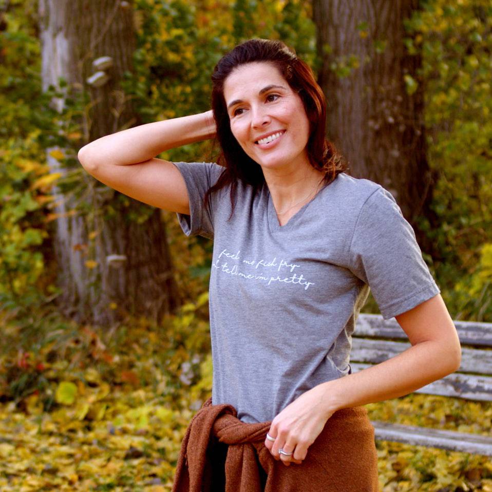 Feed Me Fish Fry V-Neck Tee. Gray.