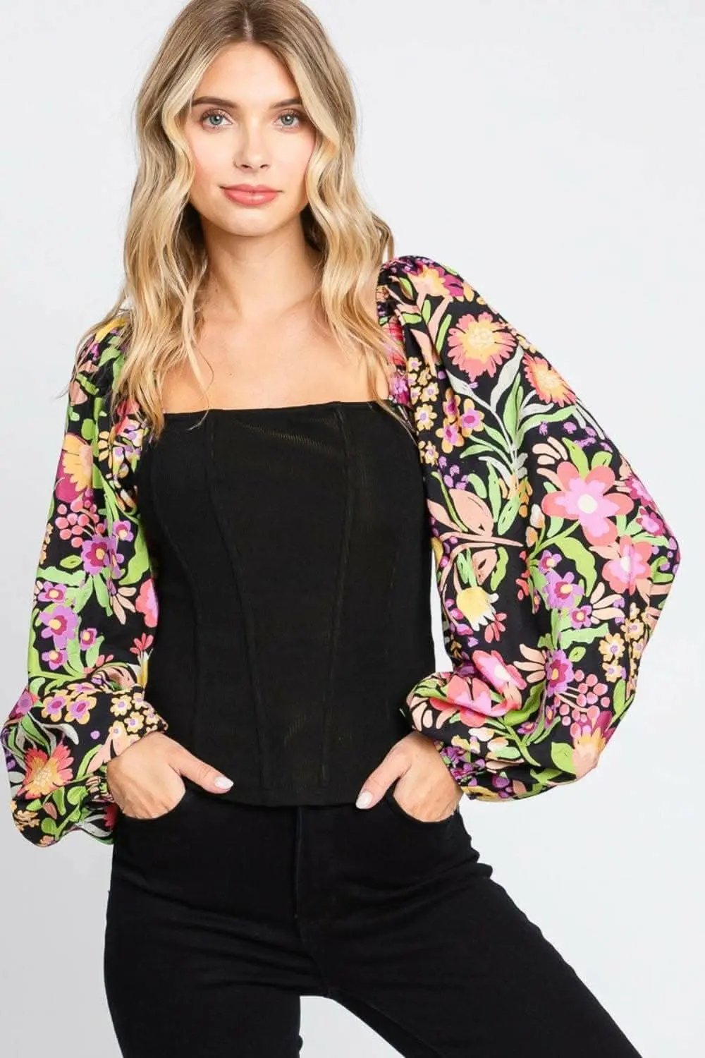 Floral Blouse Women&amp;#39;s Elegant Balloon Sleeve Top Statement Style