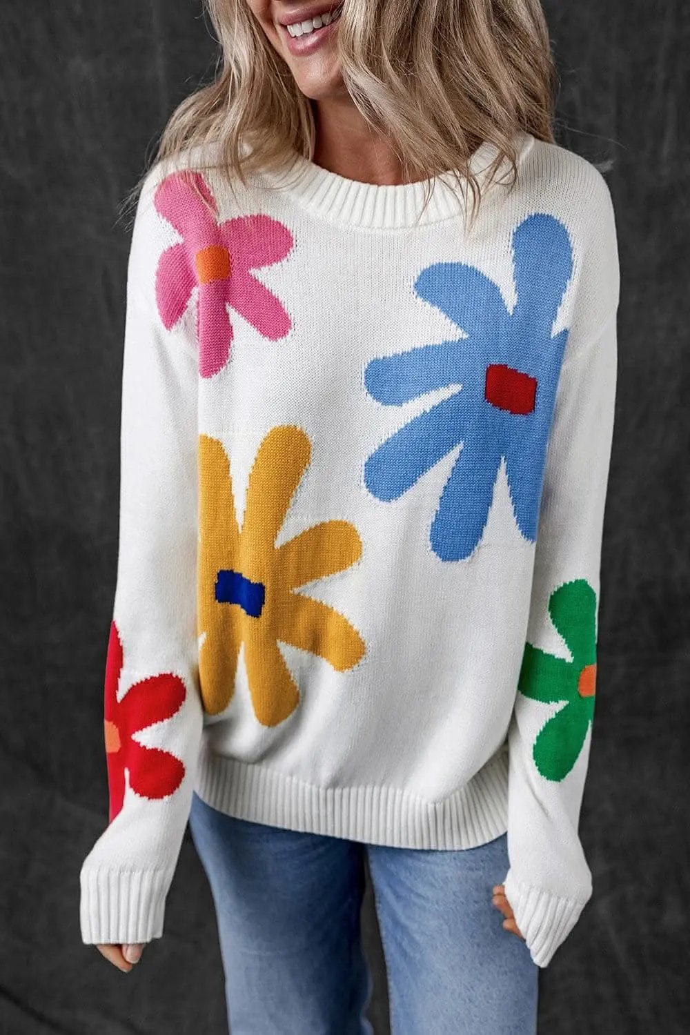 Trendsi Floral Sweater with Dropped Shoulders