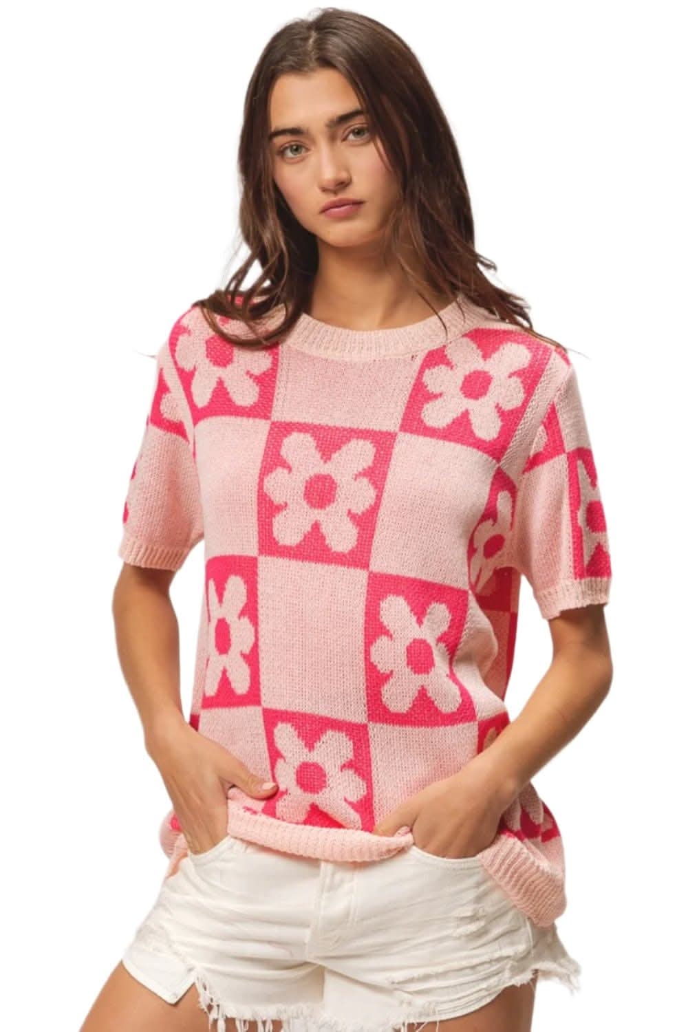 Floral and checker pattern short sleeve sweater by BiBi