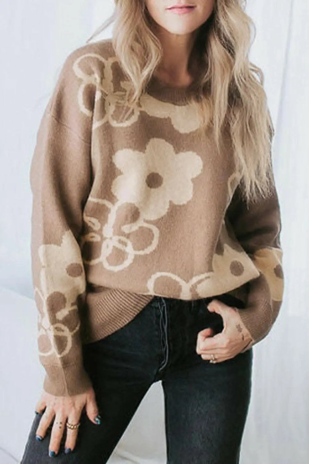 Knit Sweater - Floral Dropped Shoulder