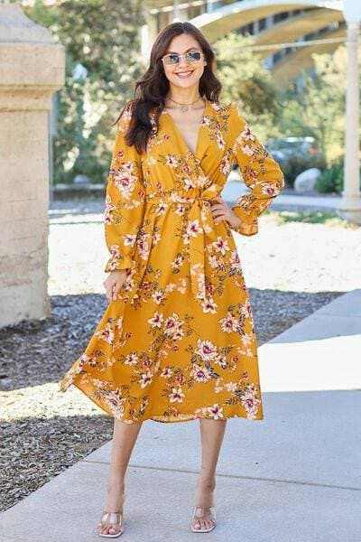 Trendsi Apparel - Floral flounce sleeve dress with trendy tie-back det