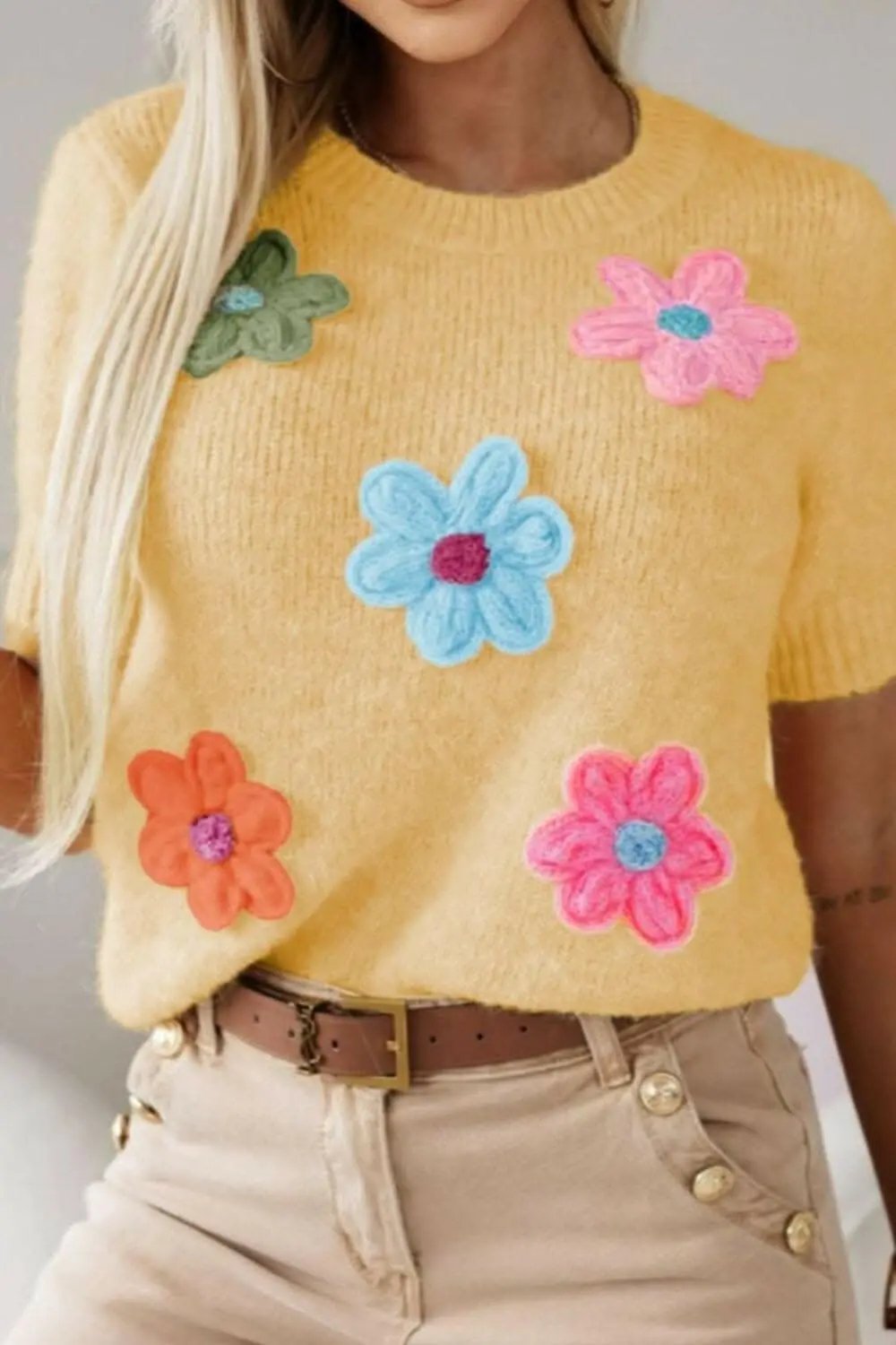 Trendsi Floral round neck short sleeve sweater