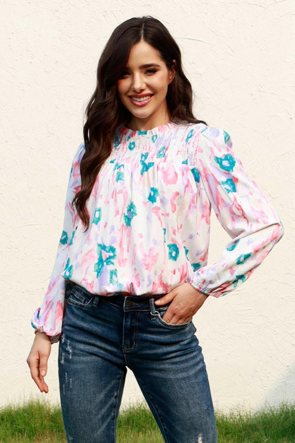 Floral smock blouse with sleeves