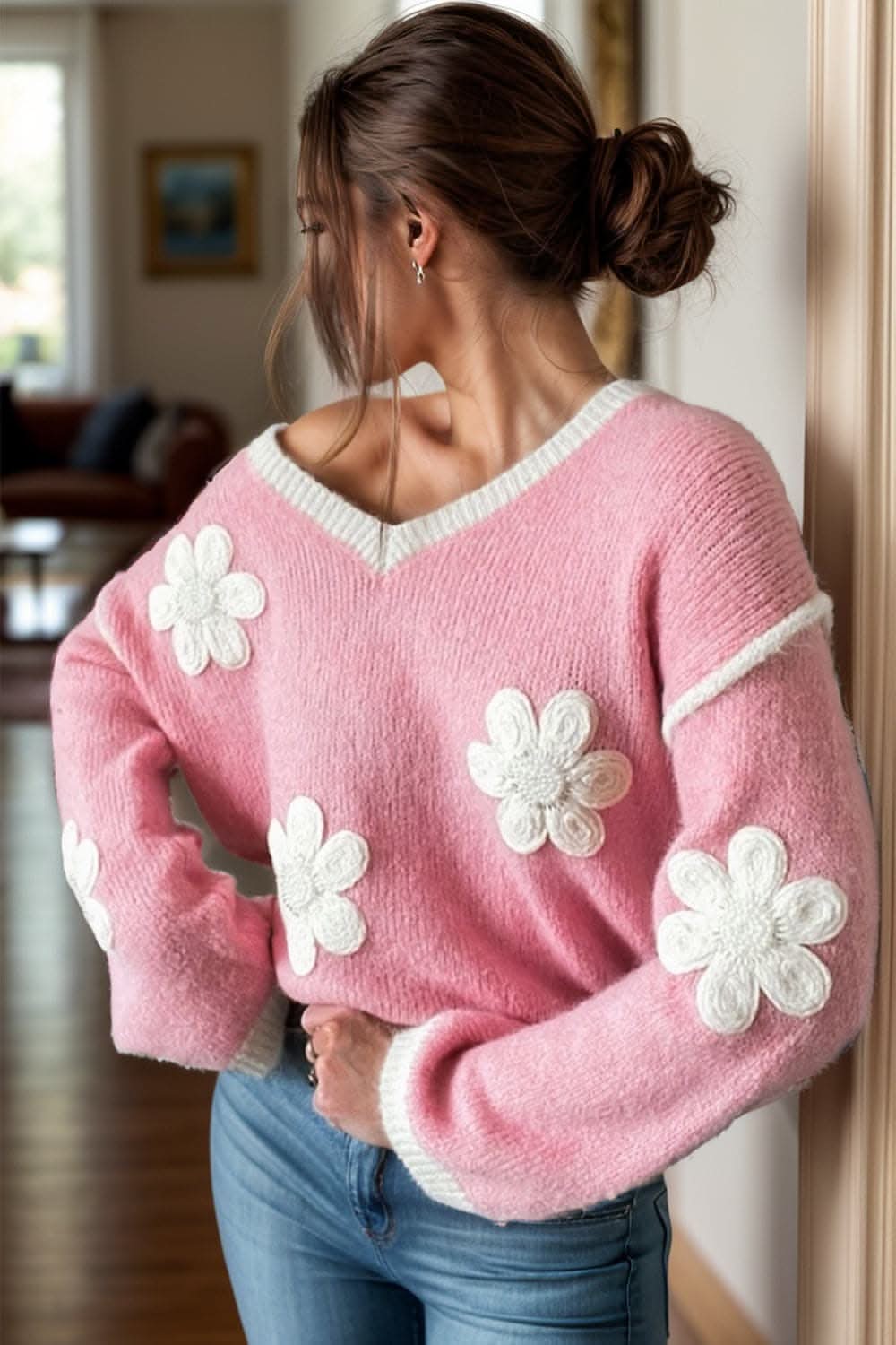 Floral v-neck dropped shoulder sweater
