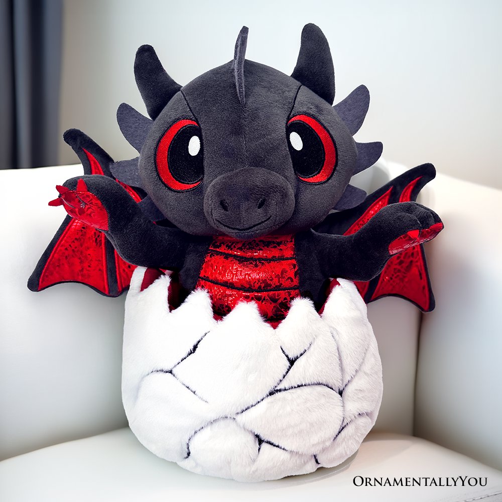 Drogo the Dino in an Egg Plushie, 12&amp;quot; Black and Red Dinosaur Stuffed Animal Gift for Boys and Teens