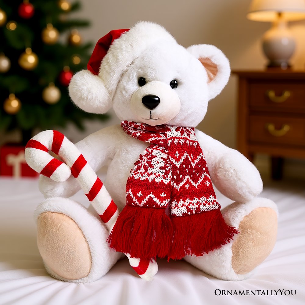 Snowy the Polar Bear Plushie, Cute Kids’ 12&amp;quot; Christmas Stuffed Toy, Santa Hat and Candy Cane