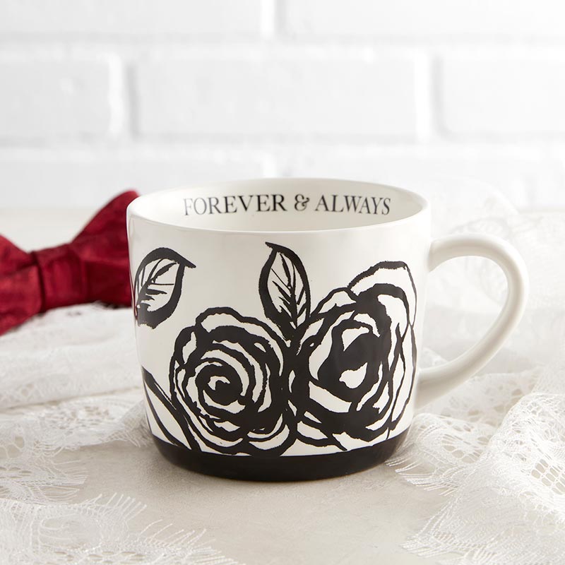Forever &amp;amp; Always Mug in White with Black Floral Artwork | Giftable Coffee Tea Cup | 15oz