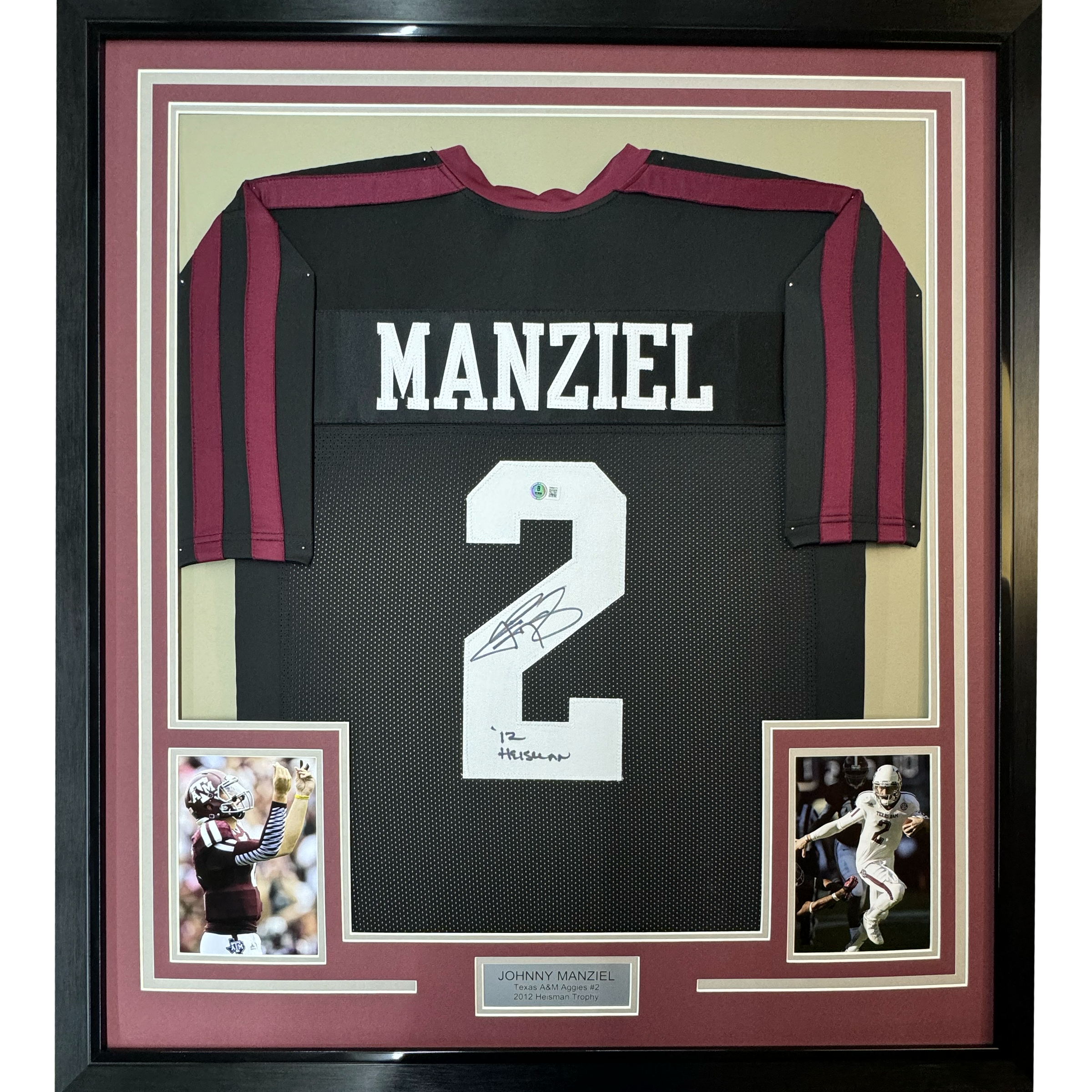 Framed Autographed/Signed Johnny Manziel 12 Heisman 35x39 Texas A&amp;amp;M Black College Football Jersey JSA COA