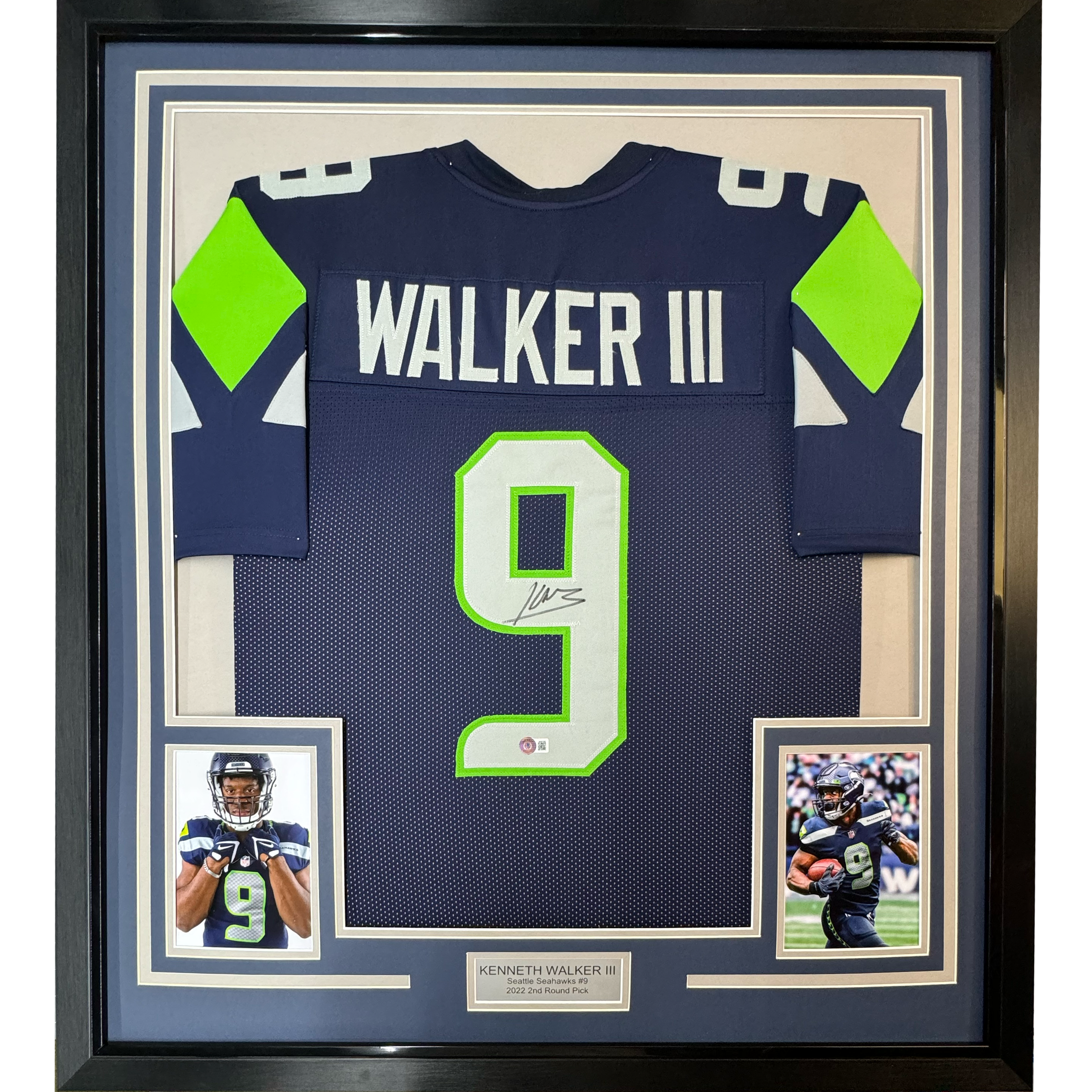 Framed Autographed/Signed Kenneth Walker 35x39 Seattle Blue Football Jersey Beckett BAS COA