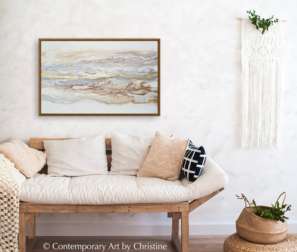 "Ingrained in My Soul" GICLÉE PRINT FRAMED CANVAS Art Abstract Painting Neutral White Beige Gold Leaf Marbled Coastal