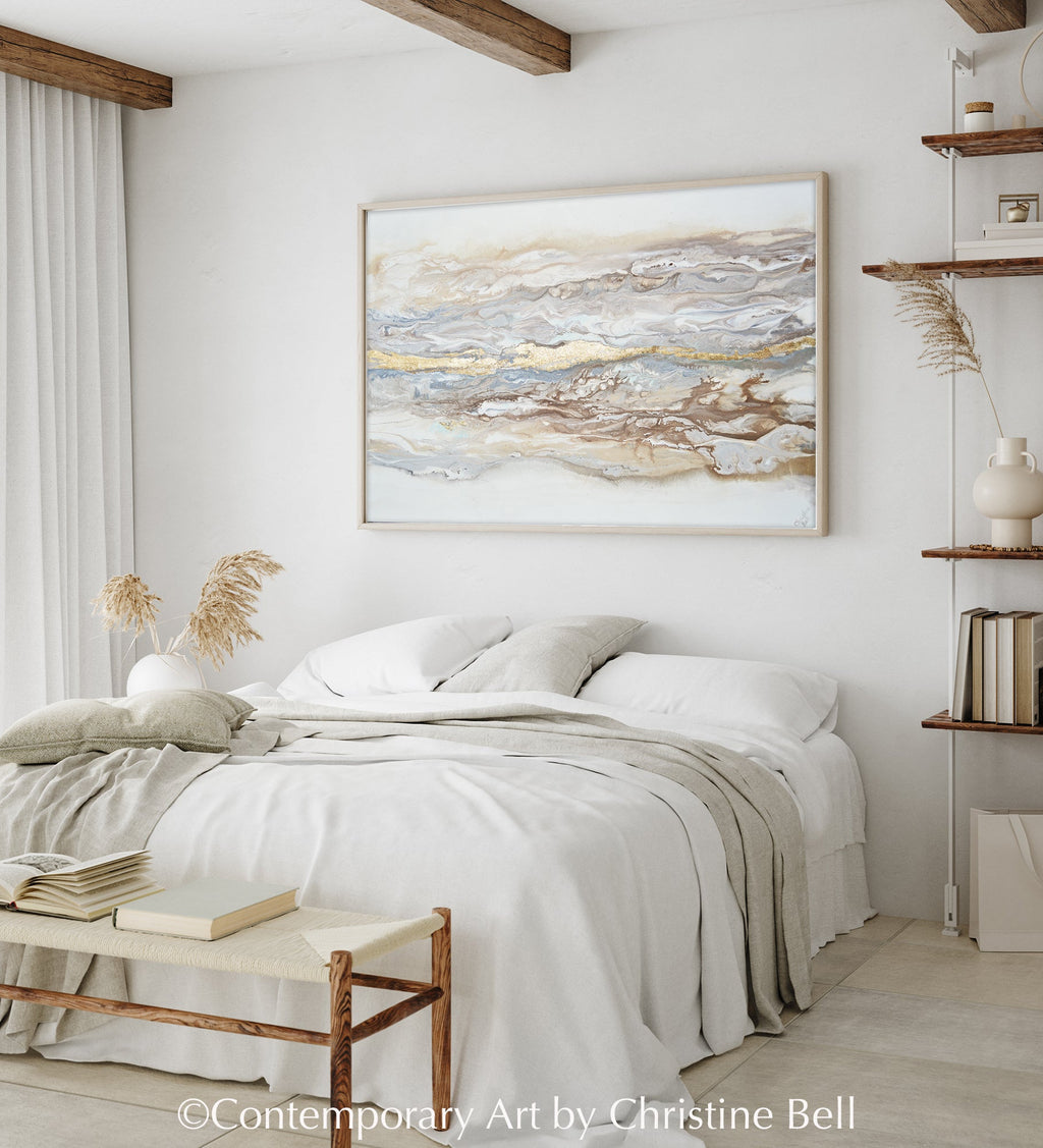 "Ingrained in My Soul" GICLÉE PRINT Art Abstract Painting Neutral White Beige Gold Leaf Marbled Coastal Landscape