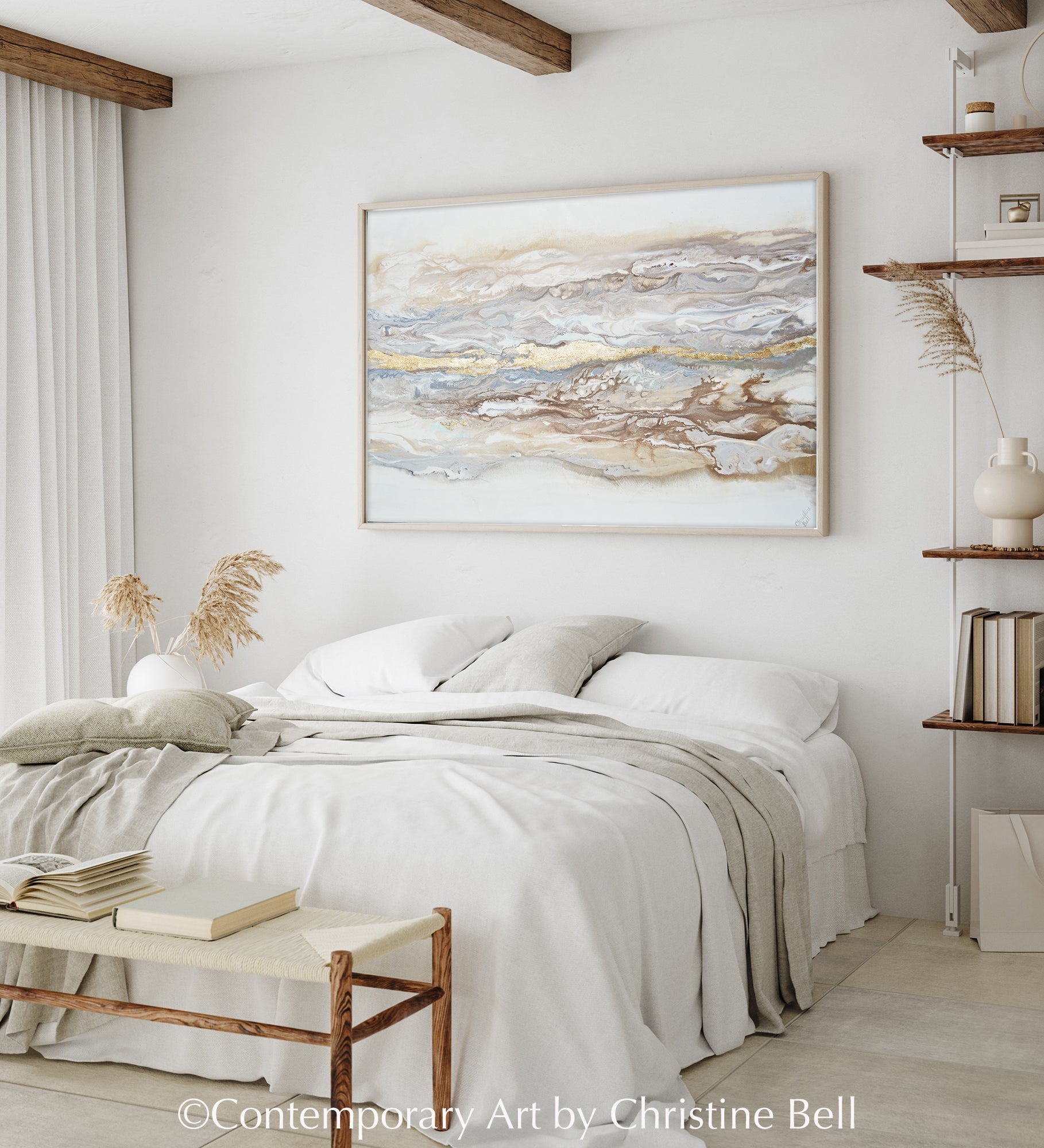 "Ingrained in My Soul" GICLÉE PRINT Art Abstract Painting Neutral White Beige Gold Leaf Marbled Coastal Landscape