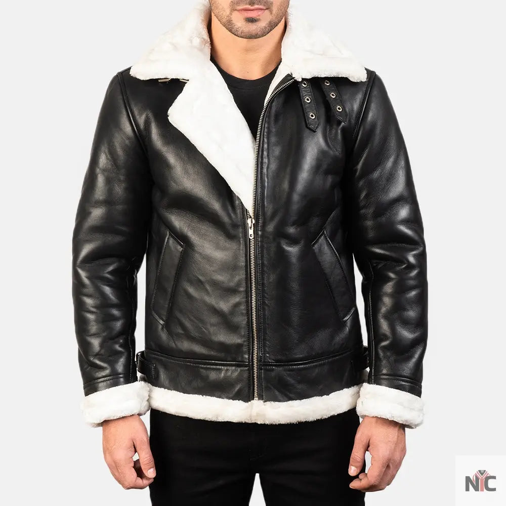 Francis B-3 Black &amp;amp; White Leather Bomber Jacket