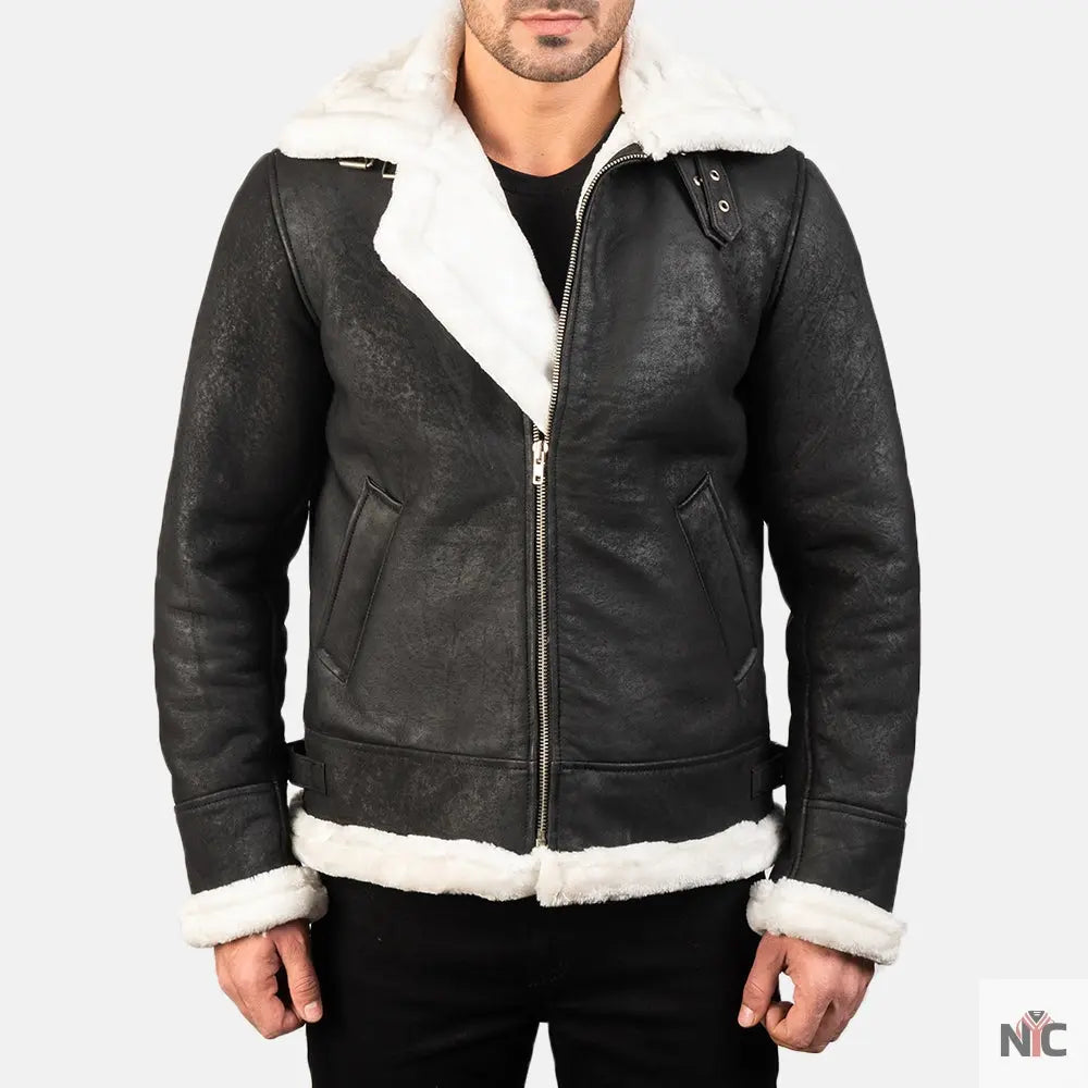 Francis B-3 Distressed Black Leather Bomber Jacket