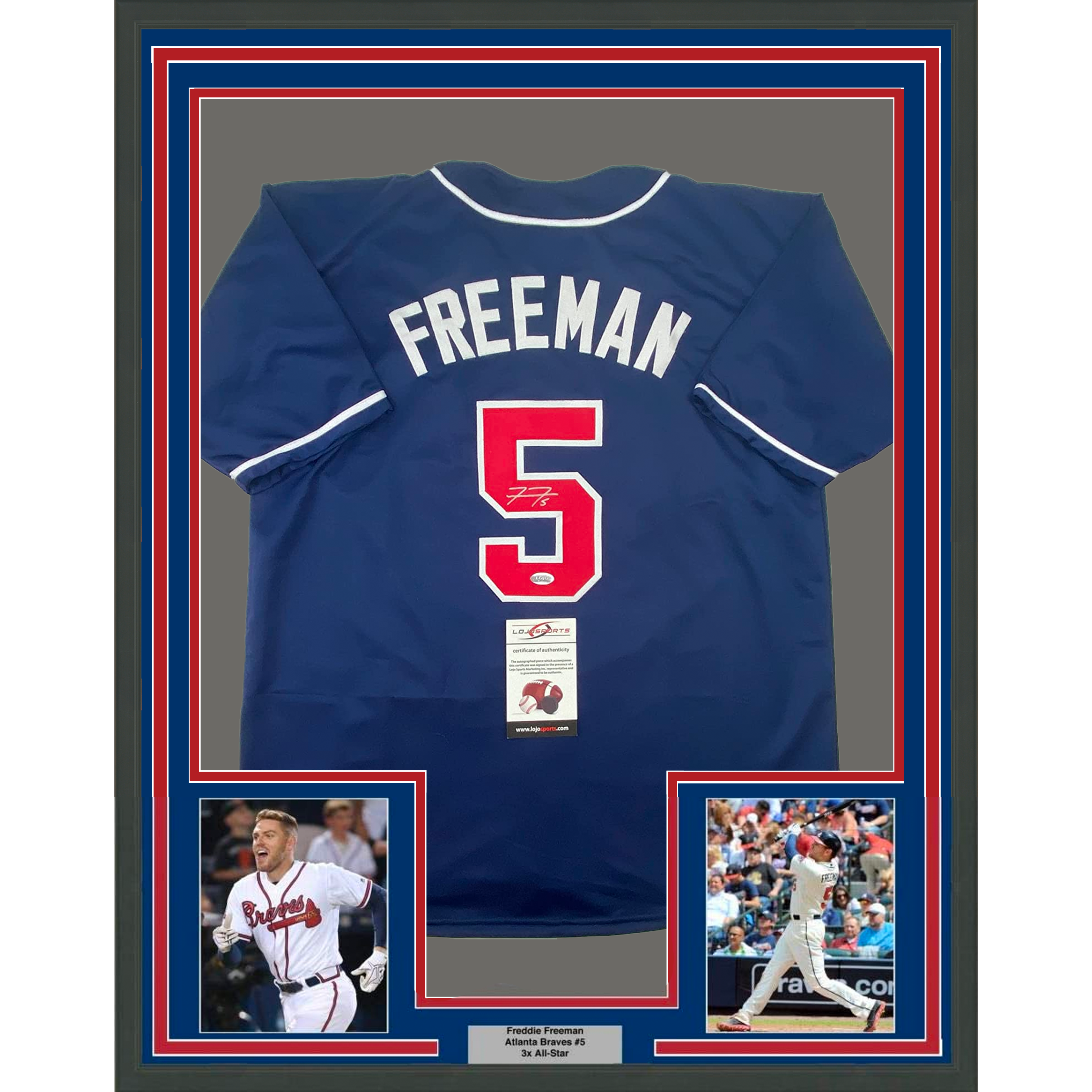 Framed Autographed/Signed Freddie Freeman 35x39 Atlanta Blue Baseball Jersey Lojo Exclusive COA