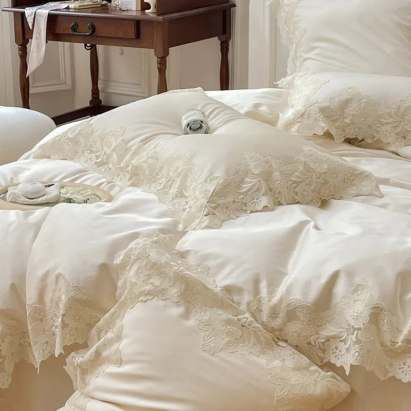 French Wedding Chic White Lace Bedding Set | Yedwo Home