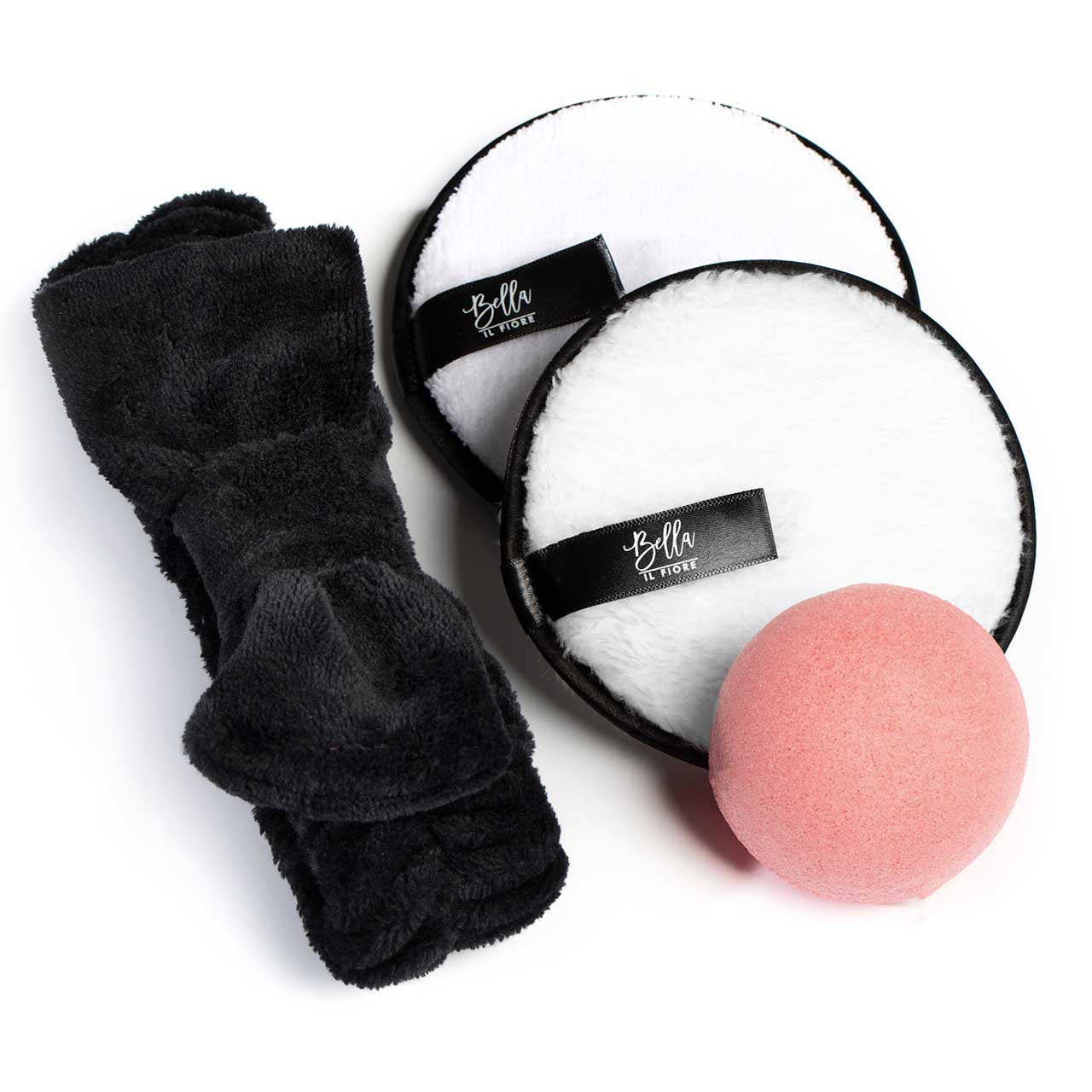 Freshy Face Set | Black Bow Headband, Pink Konjac Sponge &amp;amp; White Cleansing Pads Face Cleansing Kit Set