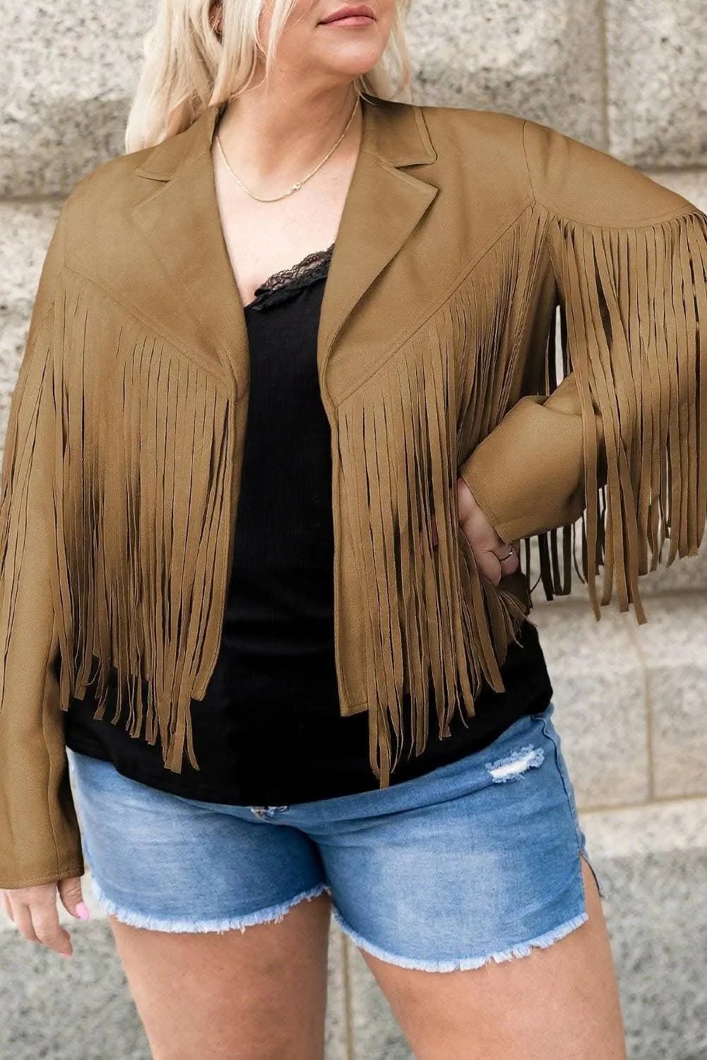 Trendsi Fringed open jacket for plus sizes