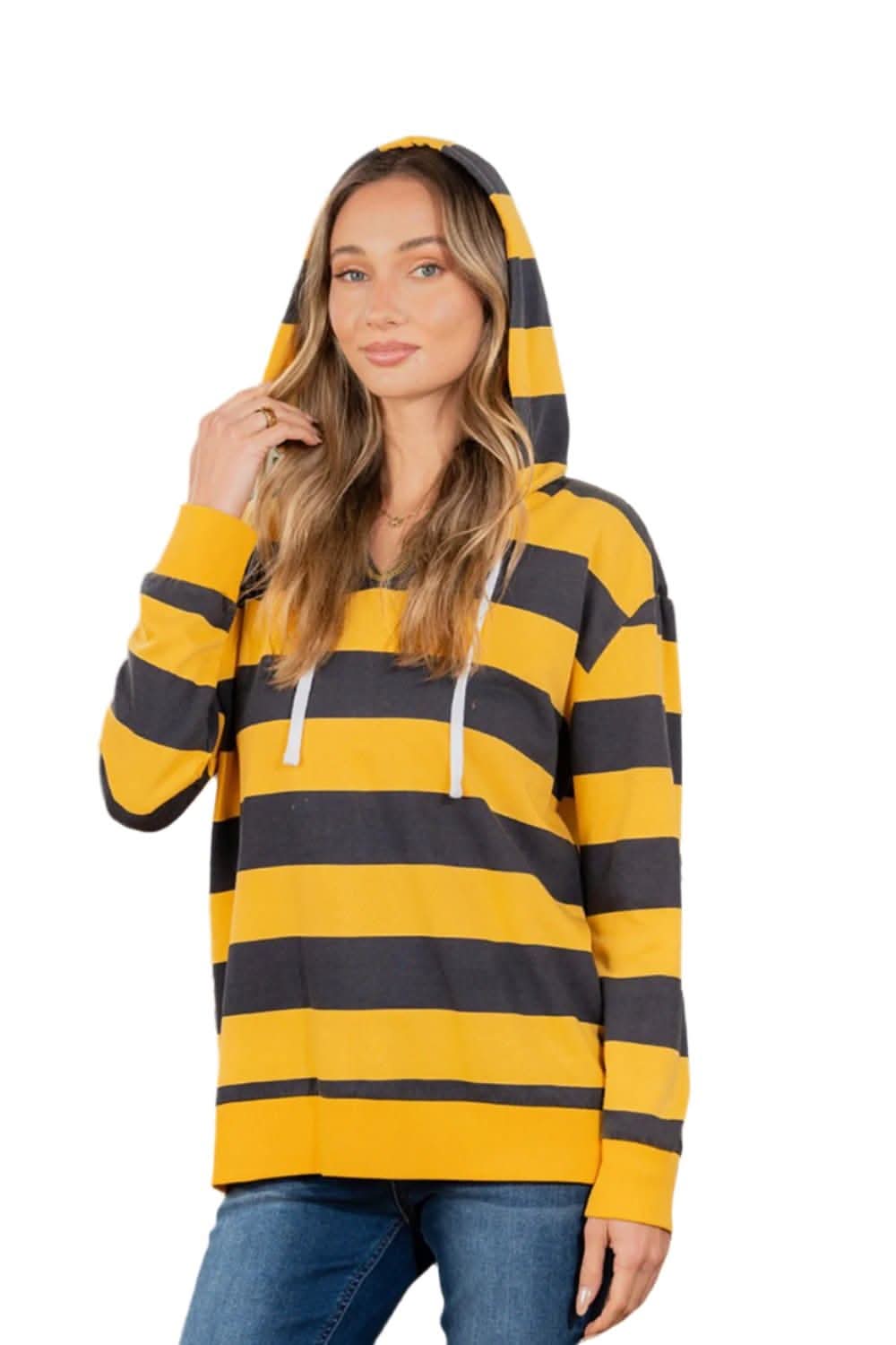 Full Size Drawstring Striped Long Sleeve Hoodie
