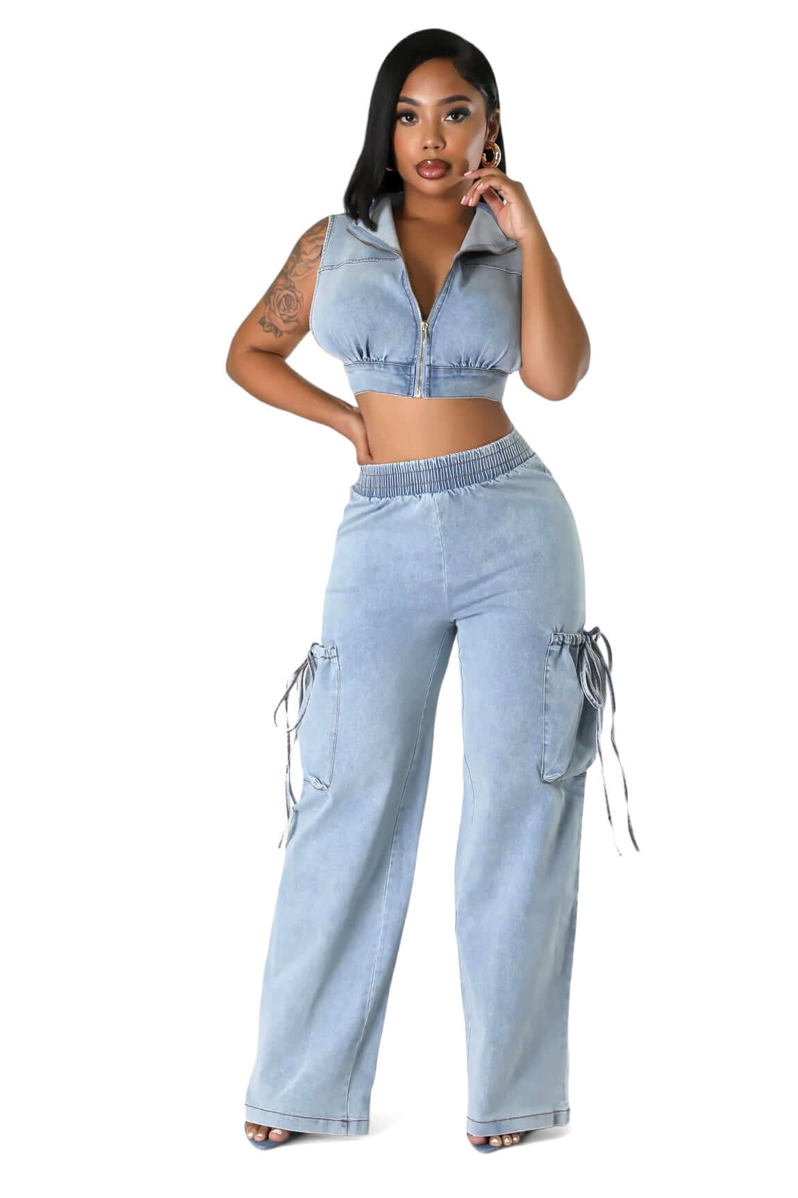 Two Piece Denim Cropped Top &amp;amp; Cargo Jean Pants Set