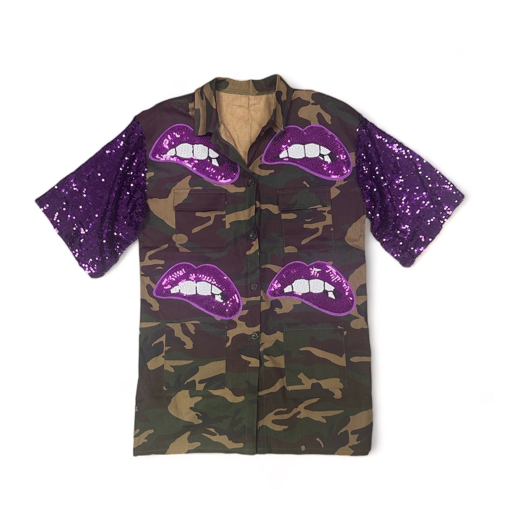 Camouflage Sequin Lips Split Sleeve Jacket