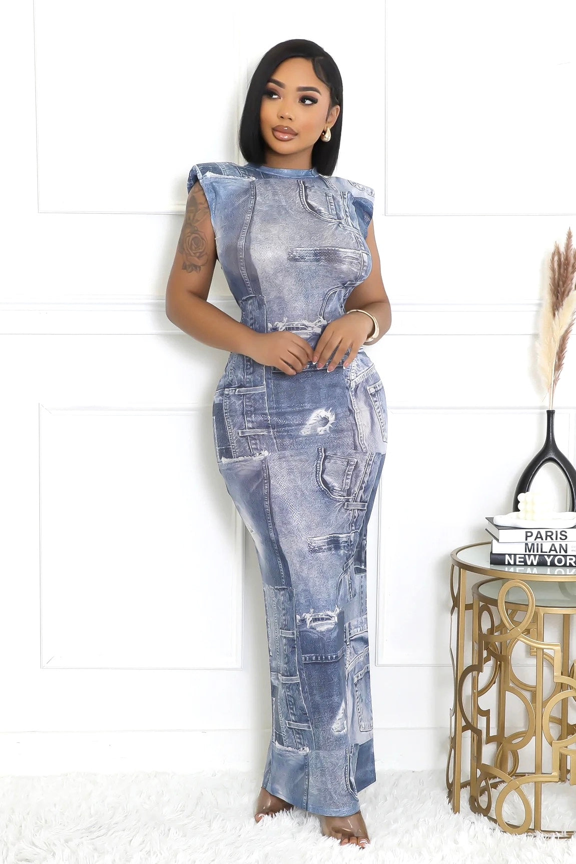 Maxi Denim Illusion  Print Dress {See-Thru}