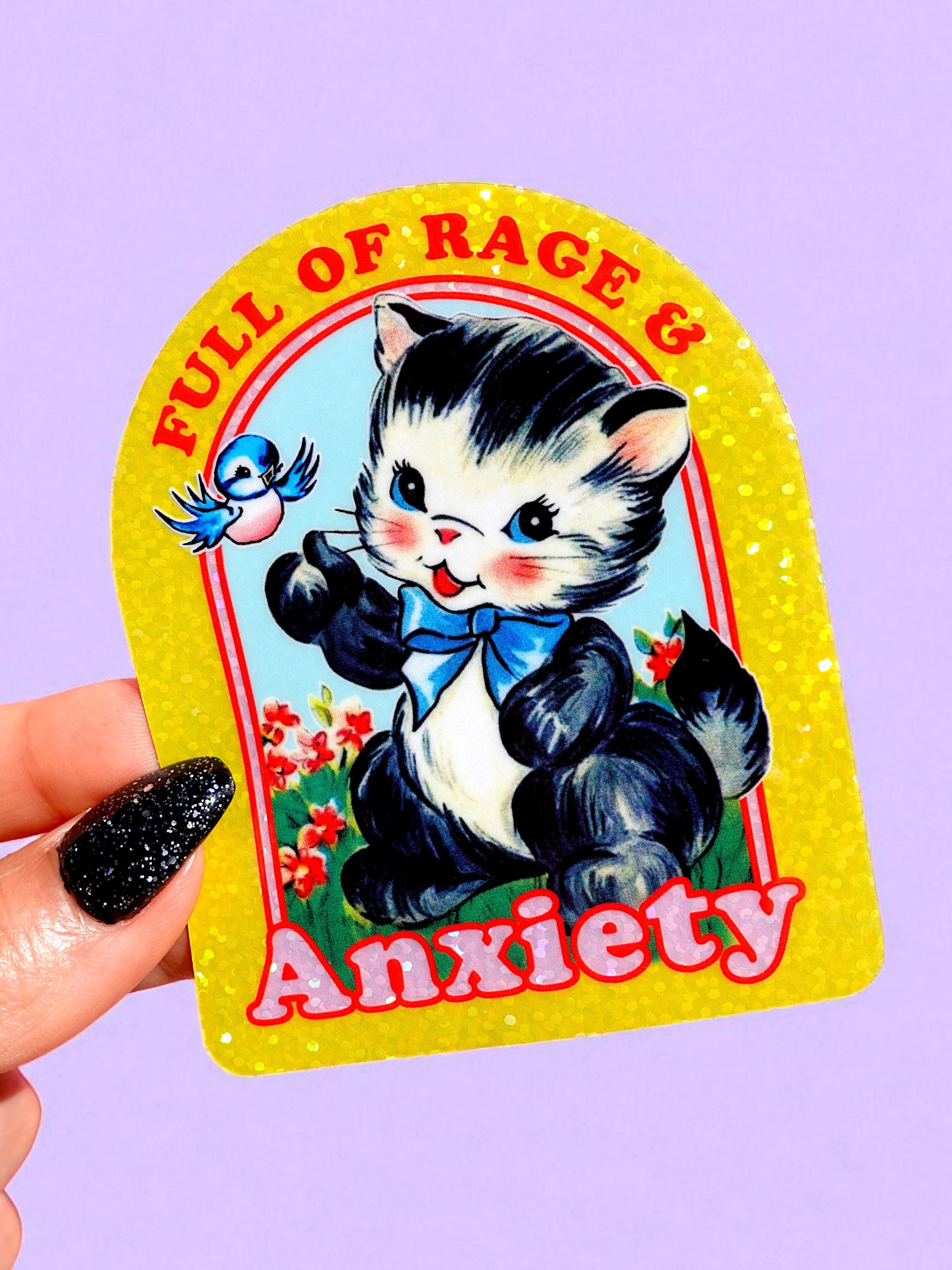 Full of Rage &amp;amp; Anxiety – Retro Cat Glitter Vinyl Sticker