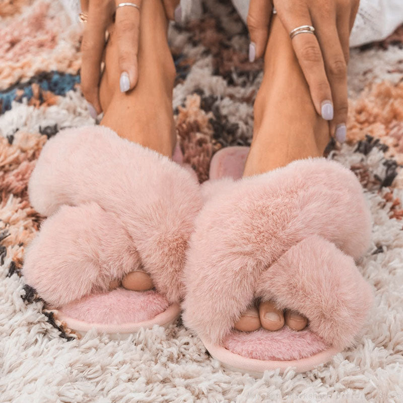Fuzzy Cross Strap Women&amp;#39;s Winter Flat Indoor  Slippers | ZAKAPOP