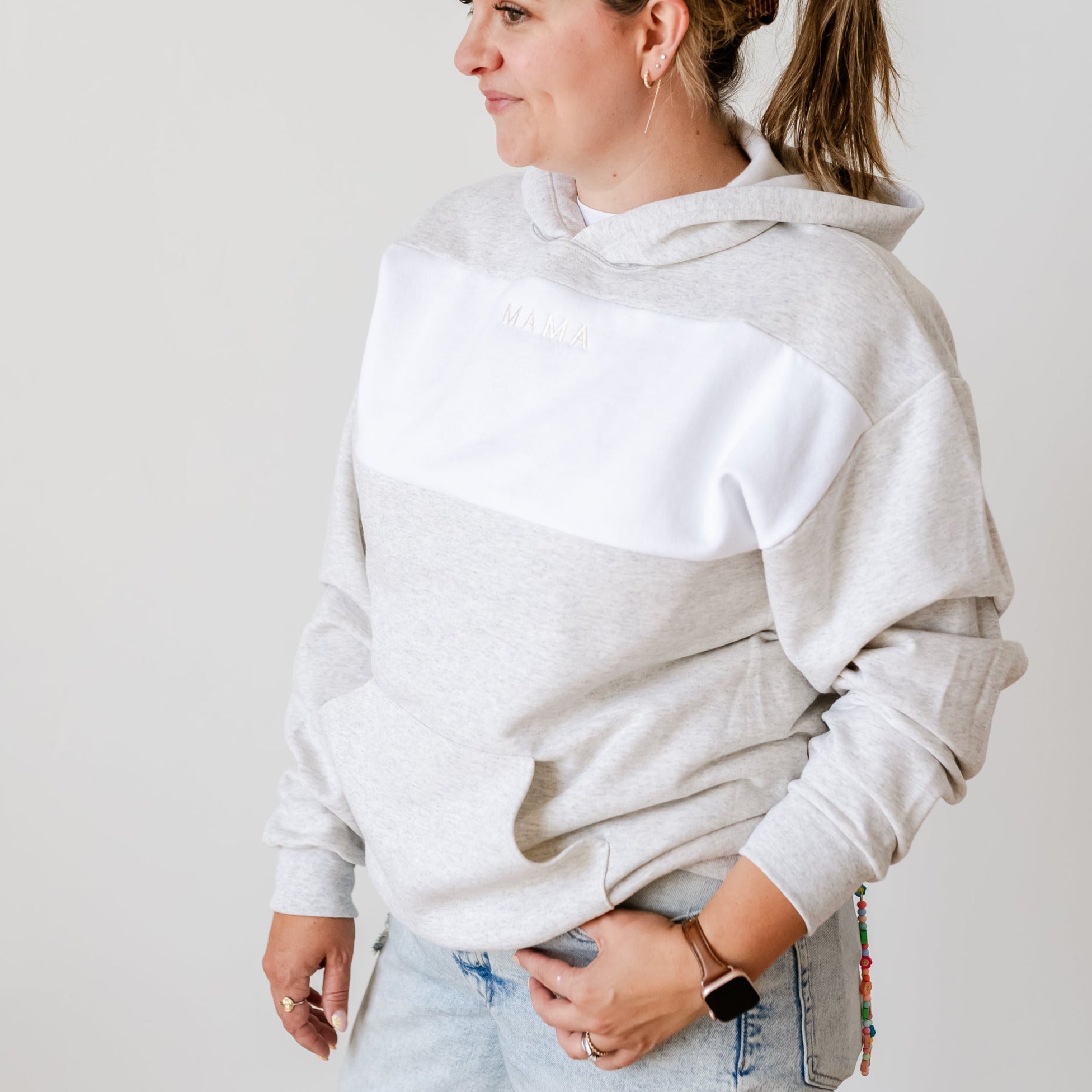 Colorblock Hoodie - Oatmeal + White  - Embroidered MAMA (Cream Thread)