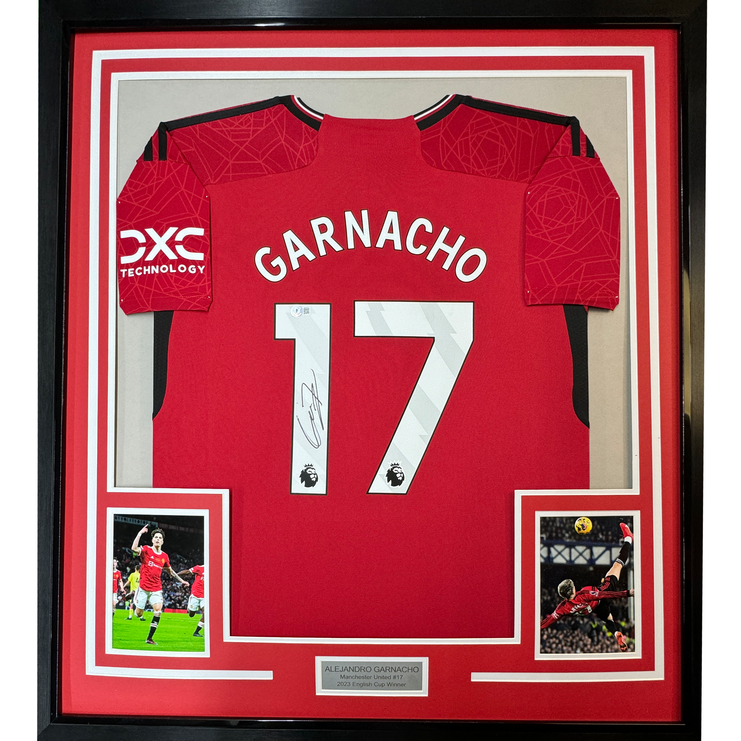 Framed Autographed/Signed Alejandro Garnacho 35x39 Manchester United Red Soccer Jersey Beckett BAS COA
