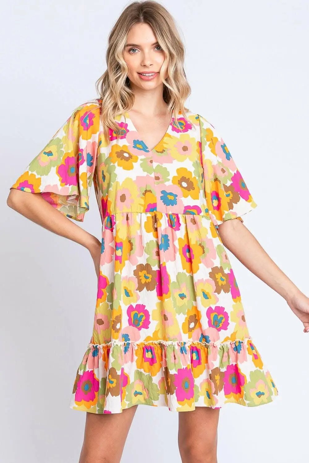 Floral Mini Dress Women&amp;#39;s Party V-Neck Ruffle Trim Cute Dress