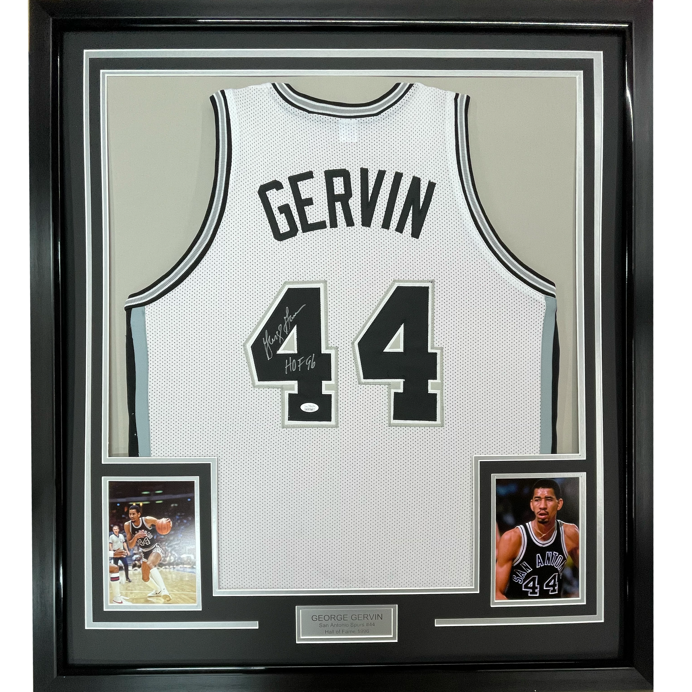 Framed Autographed/Signed George Gervin 35x39 HOF 96 San Antonio White Basketball Jersey JSA COA